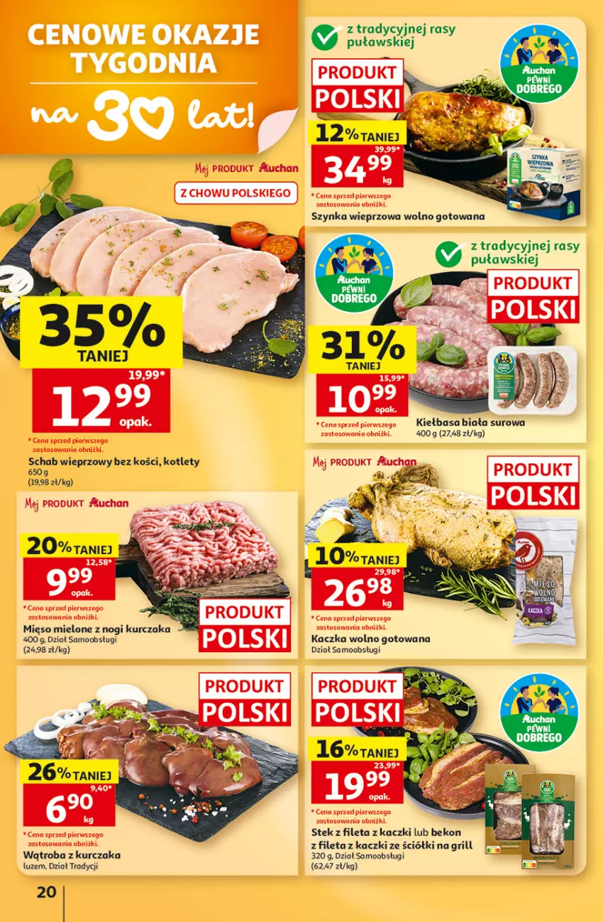 Gazetka promocyjna Auchan - 30 Lat Hipermarket - ważna 13.08 do 19.08.2026 - strona 20 - produkty: Beko, Grill, Kaczka, Kiełbasa, Kiełbasa biała, Kotlet, Kurczak, Mięso, Mięso mielone, Schab wieprzowy, Stek