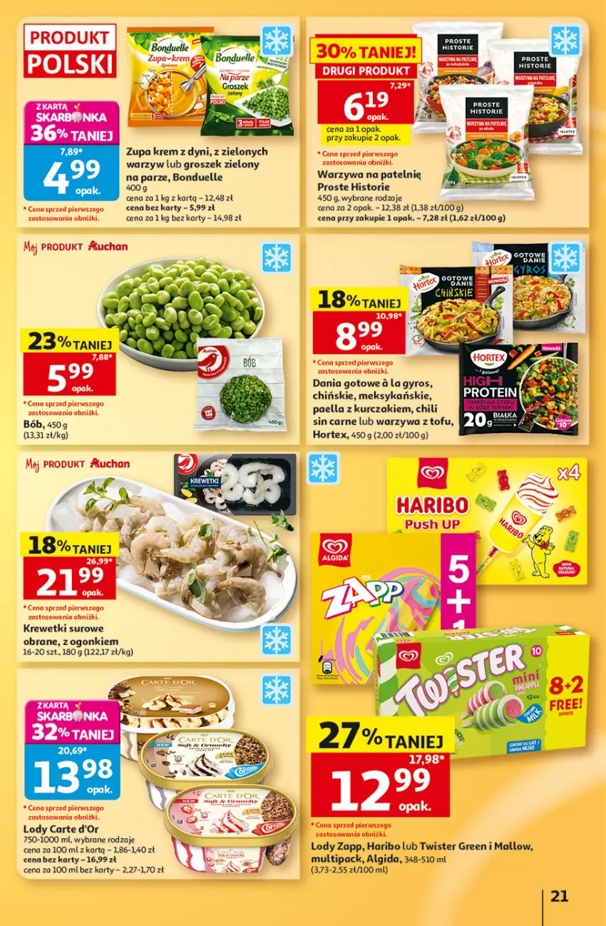 Gazetka promocyjna Auchan - 30 Lat Hipermarket - ważna 13.08 do 19.08.2026 - strona 21 - produkty: Algida, Bonduelle, Carte d'Or, Dania gotowe, Groszek, Gyros, Haribo, Hortex, Krewetki, Kurczak, LG, Lody, Tofu, Warzywa, Zupa