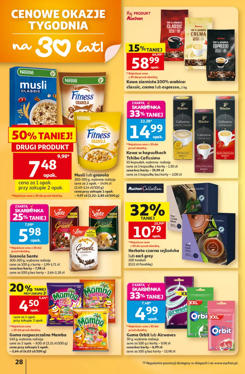 Gazetka promocyjna Auchan - 30 Lat Hipermarket - ważna 13.08 do 19.08.2026 - strona 28 - produkty: BIC, Cafissimo, Earl Grey, Gra, Granola, Guma rozpuszczalna, Herbata, Herbata czarna, Kawa, Kawa ziarnista, Mamba, Mus, Orbit, Sante, Tchibo