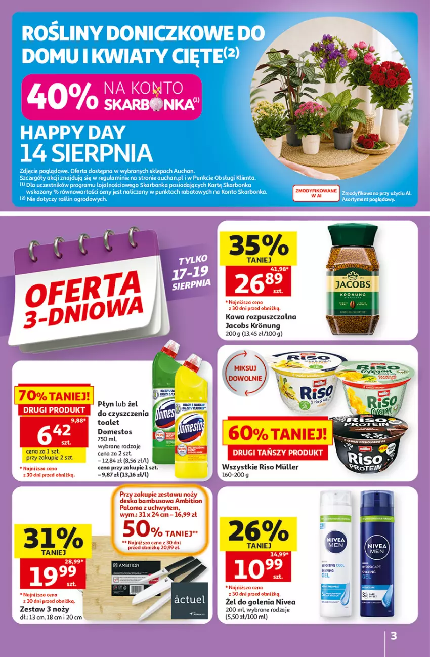 Gazetka promocyjna Auchan - 30 Lat Hipermarket - ważna 13.08 do 19.08.2026 - strona 3 - produkty: Ambition, Domestos, Jacobs, Kawa, Kawa rozpuszczalna, Kwiaty cięte, Nivea, Noż