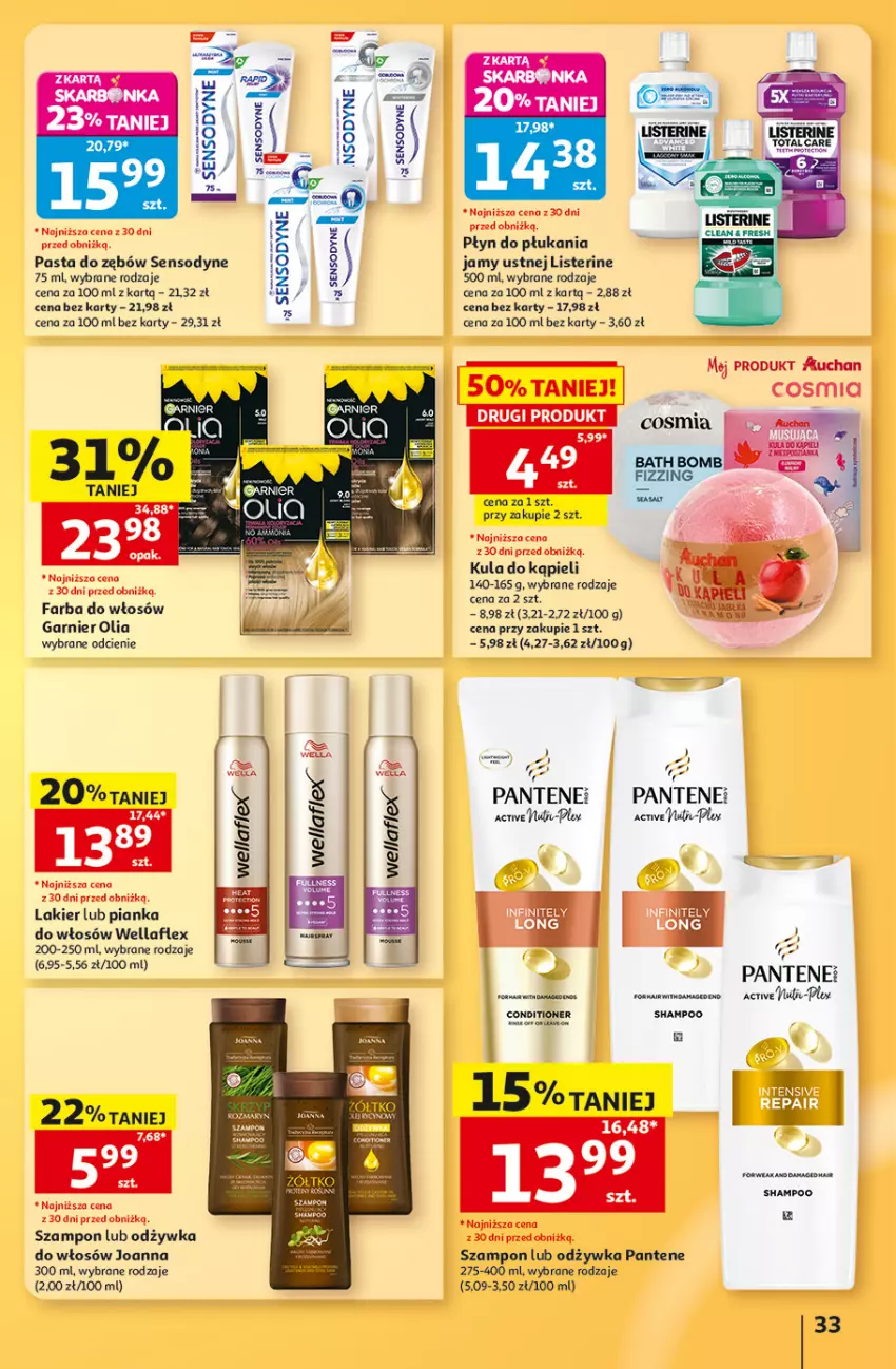 Gazetka promocyjna Auchan - 30 Lat Hipermarket - ważna 13.08 do 19.08.2026 - strona 33 - produkty: Fa, Farba do włosów, Garnier, Joanna, Kula do kąpieli, Lakier, Listerine, Odżywka, Pantene, Pasta do zębów, Pianka do włosów, Płyn do płukania, Płyn do płukania jamy ustnej, Sensodyne, Szampon, Wella, Wellaflex