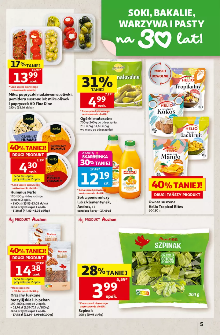 Gazetka promocyjna Auchan - 30 Lat Hipermarket - ważna 13.08 do 19.08.2026 - strona 5 - produkty: Helio, Hummus, Mus, Oliwki, Owoce, Owoce suszone, Papryczki nadziewane, Pomidory, Sok, Szpinak, Tropical, Warzywa