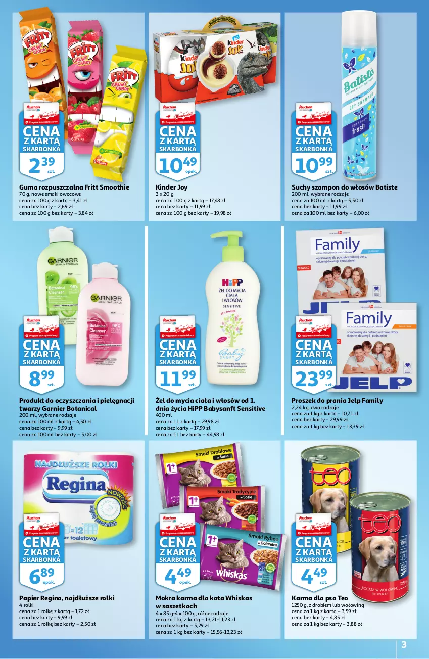 Gazetka promocyjna Auchan - Skarbonka #21 - ważna 27.05 do 02.06.2021 - strona 3 - produkty: Batiste, Fa, Garnier, Gin, Guma rozpuszczalna, HiPP, Kinder, Mokra karma, Papier, Proszek do prania, Rolki, Smoothie, Suchy szampon, Szampon, Whiskas