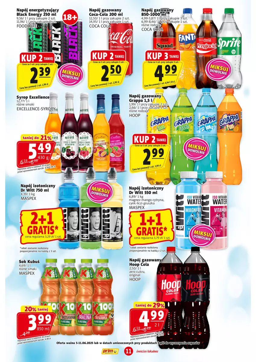 Gazetka promocyjna Prim Market - ważna 05.06 do 11.06.2025 - strona 11 - produkty: Coca-Cola, Gin, Hoop, Kubuś, Lack, Napój, Napój gazowany, Napój izotoniczny, Olej, Por, Sok, Syrop