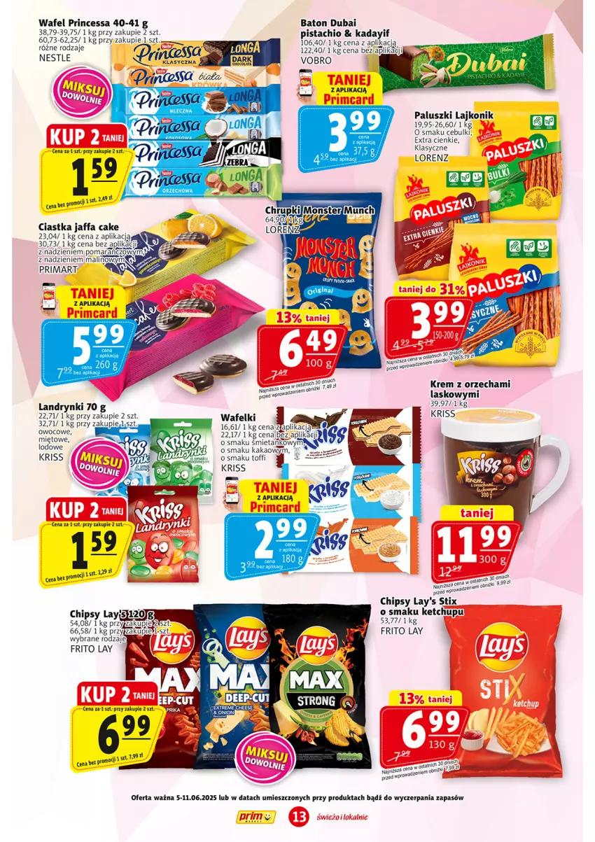 Gazetka promocyjna Prim Market - ważna 05.06 do 11.06.2025 - strona 13 - produkty: Baton, Chipsy, Ciastka, Fa, Kakao, Ketchup, Lajkonik, Prima, Princessa