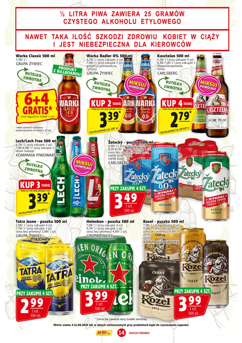 Gazetka promocyjna Prim Market - ważna 05.06 do 11.06.2025 - strona 14 - produkty: Carlsberg, Fa, Heineken, Kasztelan, Kozel, Piwo, Por, Radler, Tatra, Warka