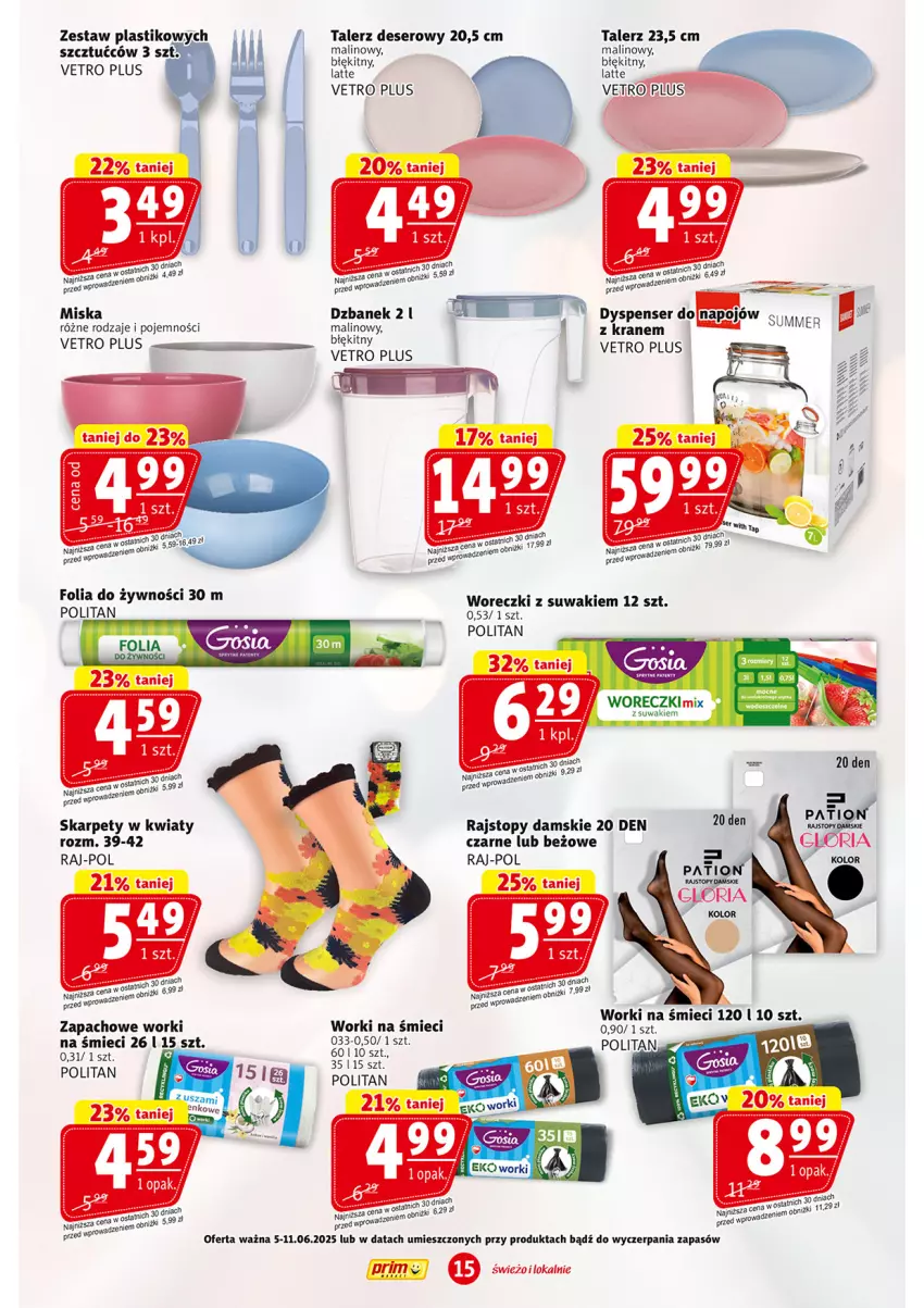 Gazetka promocyjna Prim Market - ważna 05.06 do 11.06.2025 - strona 15 - produkty: Deser, Dzbanek, Karp, Miska, Rajstopy, Ser, Talerz, Talerz deserowy, Top, Worki na śmiec, Worki na śmieci