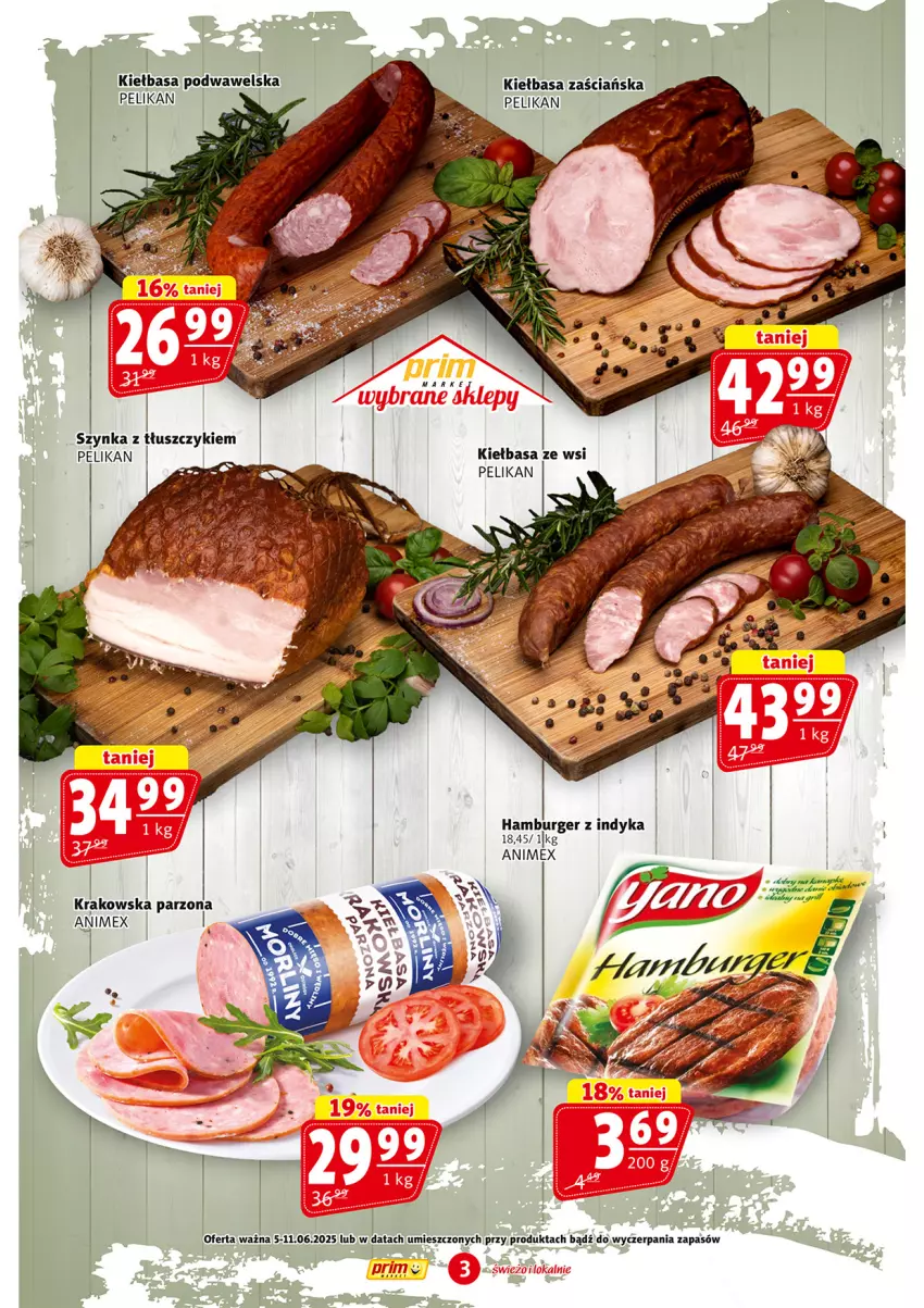 Gazetka promocyjna Prim Market - ważna 05.06 do 11.06.2025 - strona 3 - produkty: Burger, Hamburger, Kiełbasa, Kiełbasa podwawelska, Szynka, Wawel