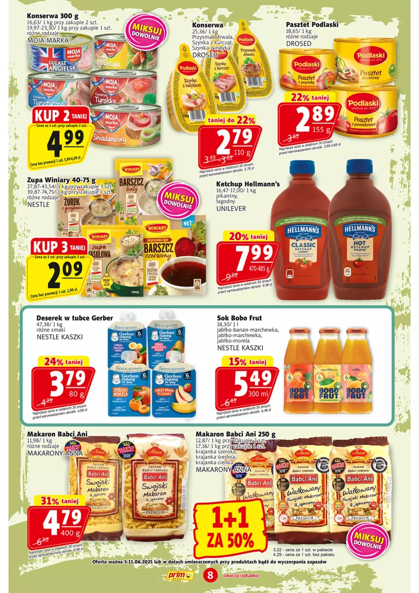 Gazetka promocyjna Prim Market - ważna 05.06 do 11.06.2025 - strona 8 - produkty: Deser, Gerber, Ketchup, Makaron, Marchewka, Morela, Papryka, Pasztet, Podlaski, Ser, Serek, Sok, Szynka, Winiary