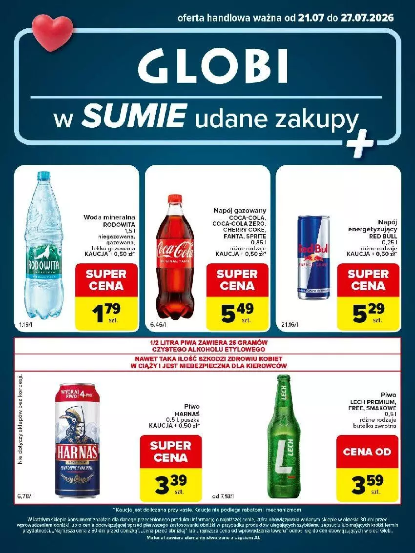 Gazetka promocyjna Carrefour - Gazetka Globi w SUMIE udane zakupy - ważna 21.07 do 27.07.2026 - strona 1 - produkty: Coca-Cola, Fa, Fanta, Harnaś, Lech Premium, Napój, Napój gazowany, Piec, Piwa, Piwo, Red Bull, Woda, Woda mineralna