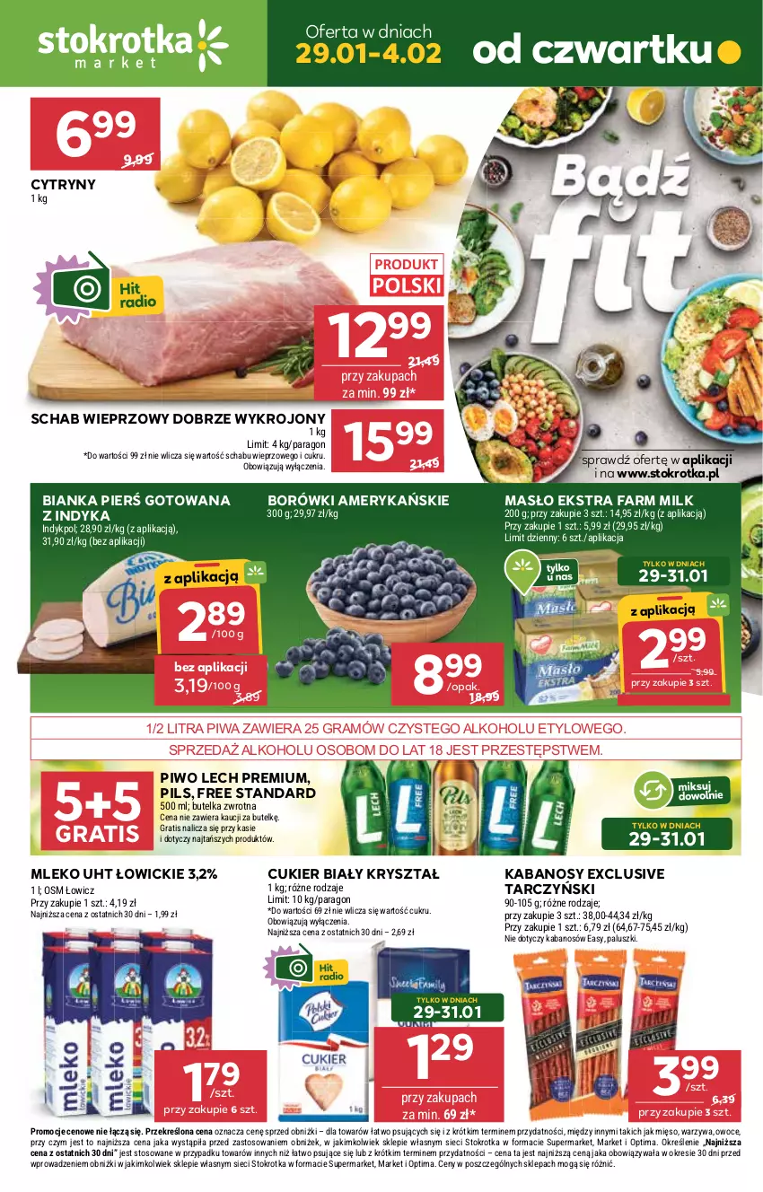 Gazetka promocyjna Stokrotka - Market - ważna 29.01 do 04.02.2026 - strona 1 - produkty: Bianka, Cukier, Cytryny, Fa, Farm Milk, Gra, Kabanos, Lech Premium, Masło, Mięso, Mleko, Optima, Owoce, Piwa, Piwo, Schab wieprzowy, Tarczyński, Warzywa