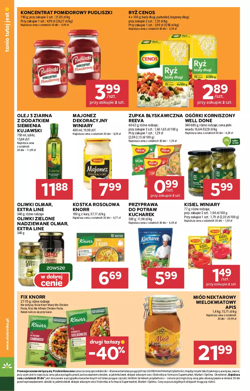 Gazetka promocyjna Stokrotka - Market - ważna 29.01 do 04.02.2026 - strona 14 - produkty: Cenos, Kisiel, Knorr, Koncentrat pomidorowy, Korniszony, Kucharek, Kujawski, Majonez, Mięso, Miód, Nektar, Olej, Oliwki, Oliwki zielone, Olma, Optima, Owoce, Przyprawa do potraw, Pudliszki, Ryż, Warzywa, Winiary