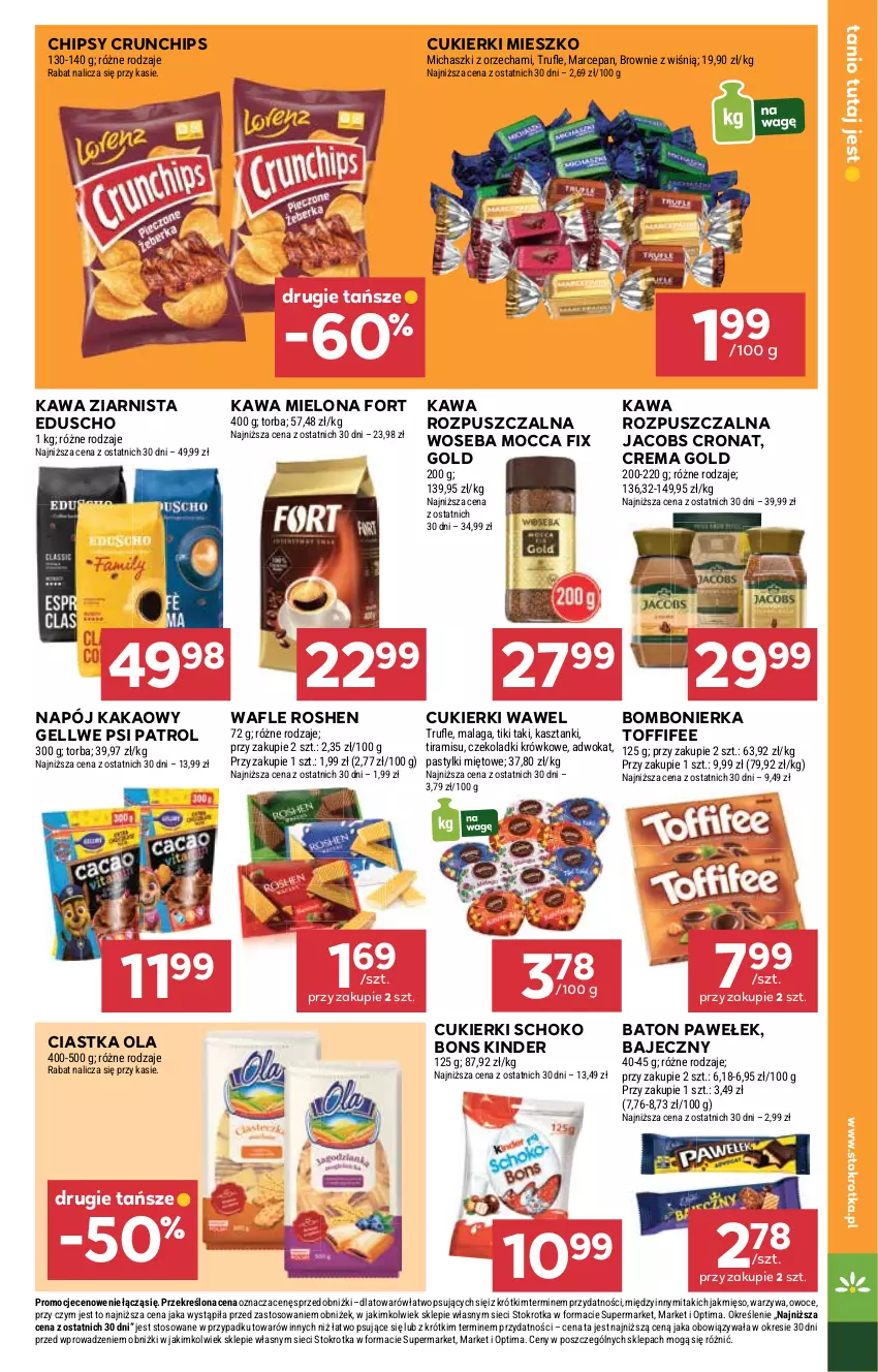 Gazetka promocyjna Stokrotka - Market - ważna 29.01 do 04.02.2026 - strona 15 - produkty: Baton, Brownie, Chipsy, Ciastka, Crunchips, Cukier, Cukierki, Jacobs, Kakao, Kawa, Kawa mielona, Kawa rozpuszczalna, Kawa ziarnista, Kinder, Mięso, Mocca Fix Gold, Napój, Optima, Owoce, Pastylki, Psi Patrol, Toffifee, Torba, Wafle, Warzywa, Wawel, Woseba