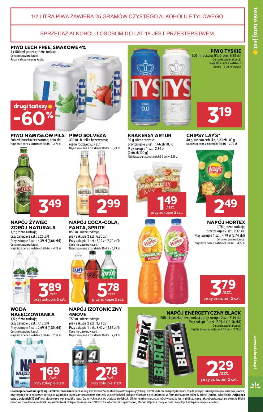 Gazetka promocyjna Stokrotka - Market - ważna 29.01 do 04.02.2026 - strona 19 - produkty: Artur, Chipsy, Coca-Cola, Fa, Fanta, Gra, Hortex, Krakersy, Lack, Lay’s, Mięso, Nałęczowianka, Namysłów, Napój, Napój energetyczny, Napój izotoniczny, Optima, Owoce, Piwa, Piwo, Sprite, Tyskie, Warzywa, Woda