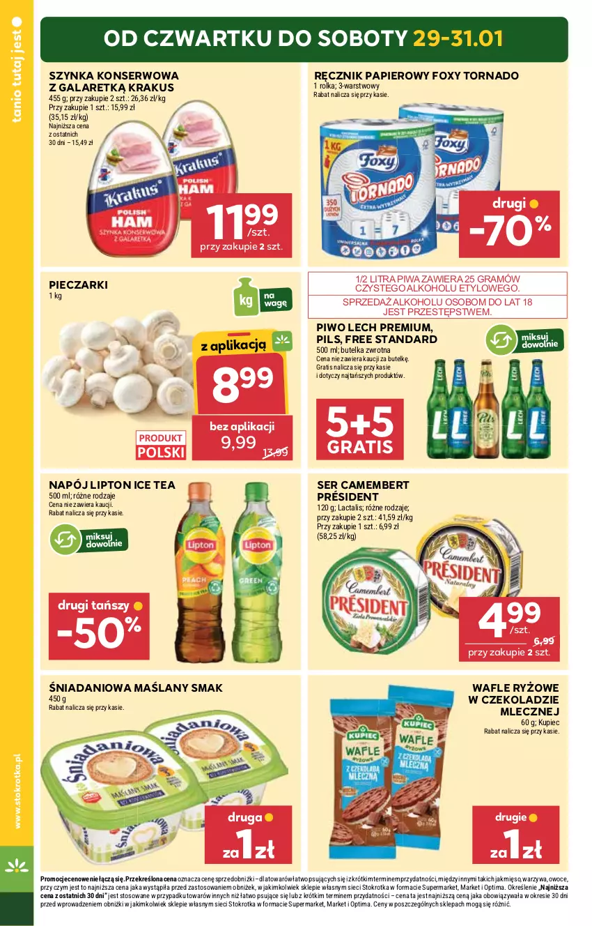 Gazetka promocyjna Stokrotka - Market - ważna 29.01 do 04.02.2026 - strona 2 - produkty: Camembert, Danio, Foxy, Gala, Gra, Ice tea, Krakus, Kupiec, Lech Premium, Lipton, Mięso, Napój, Optima, Owoce, Papier, Piec, Piwa, Piwo, Président, Ręcznik, Ryż, Ser, Szynka, Szynka konserwowa, Wafle, Warzywa