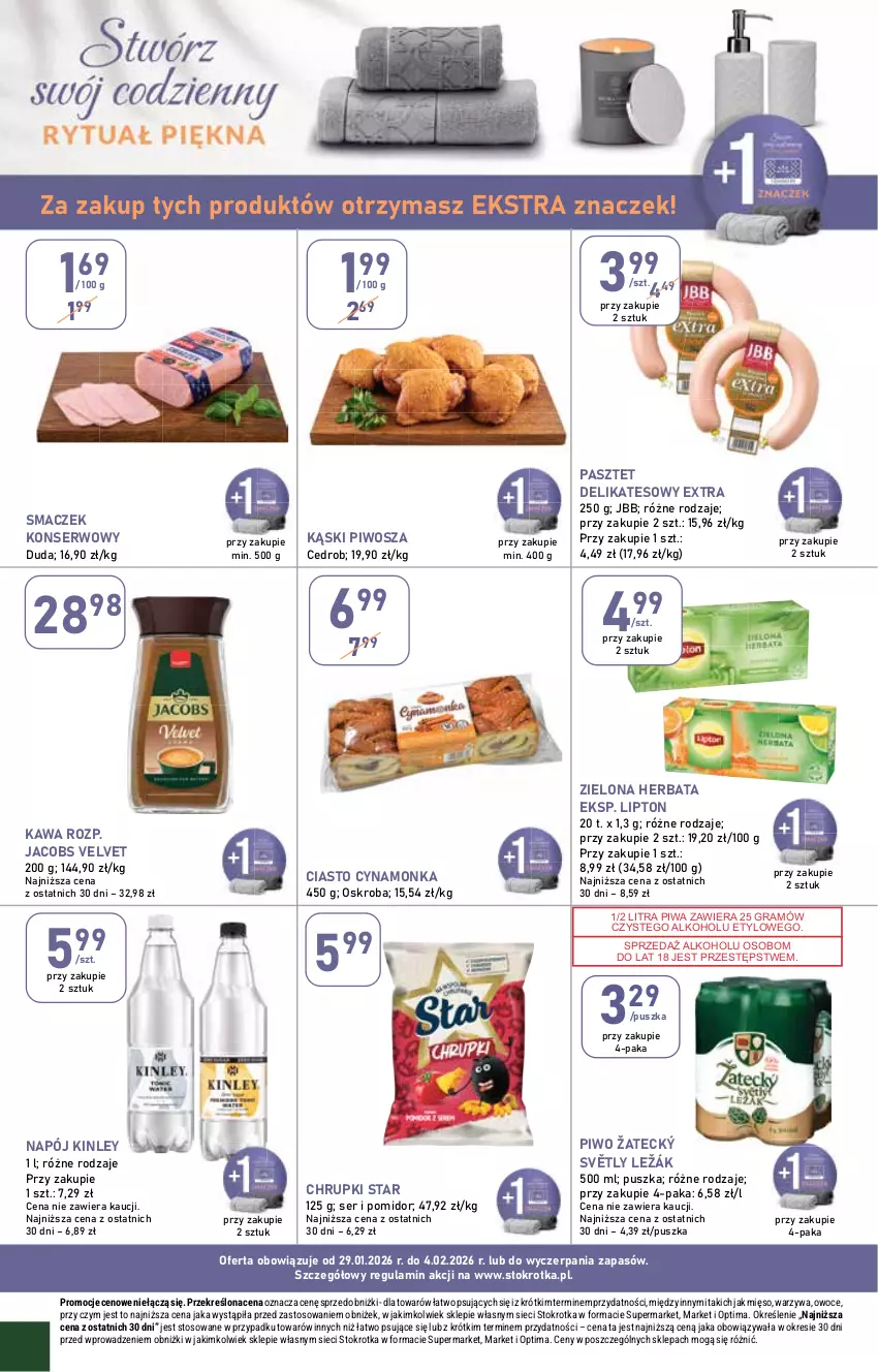 Gazetka promocyjna Stokrotka - Market - ważna 29.01 do 04.02.2026 - strona 20 - produkty: Chrupki, Duda, Gra, Herbata, Jacobs, Jacobs Velvet, Kawa, Lipton, Mięso, Napój, Optima, Owoce, Pasztet, Piwa, Piwo, Ser, Velvet, Warzywa