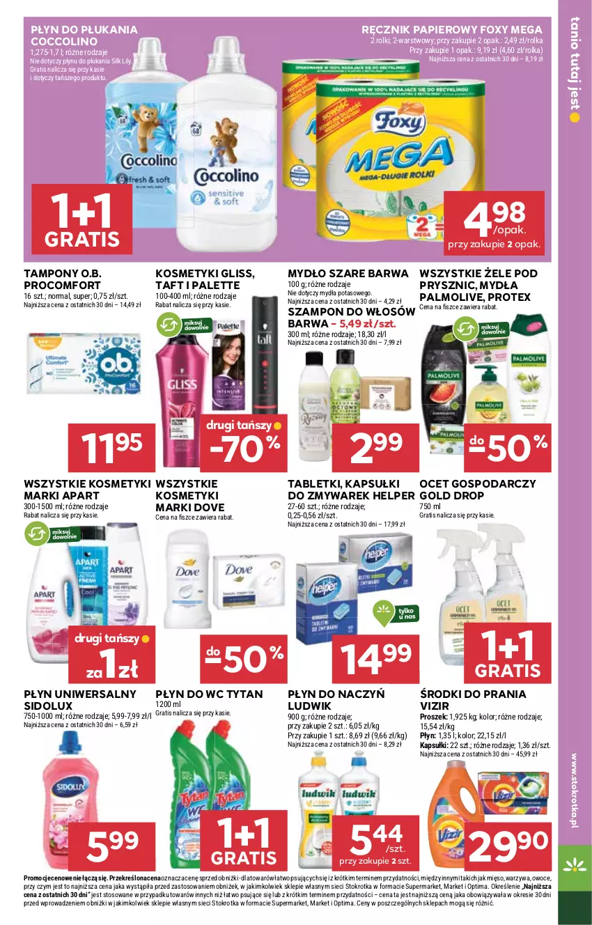 Gazetka promocyjna Stokrotka - Market - ważna 29.01 do 04.02.2026 - strona 21 - produkty: Coccolino, Dove, Foxy, Gra, Ludwik, Mięso, Mydło, O.B., Ocet, Optima, Owoce, Palette, Palmolive, Papier, Płyn do płukania, Płyn do wc, Ręcznik, Rolki, Sidolux, Szampon, Tablet, Taft, Tampony, Tytan, Vizir, Warzywa