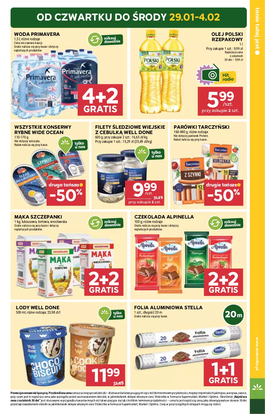 Gazetka promocyjna Stokrotka - Market - ważna 29.01 do 04.02.2026 - strona 3 - produkty: Czekolada, Folia aluminiowa, Gra, Lody, Mąka, Mięso, Olej, Optima, Owoce, Parówki, Prima, Primavera, Ser, Tarczyński, Tuńczyk, Warzywa, Woda