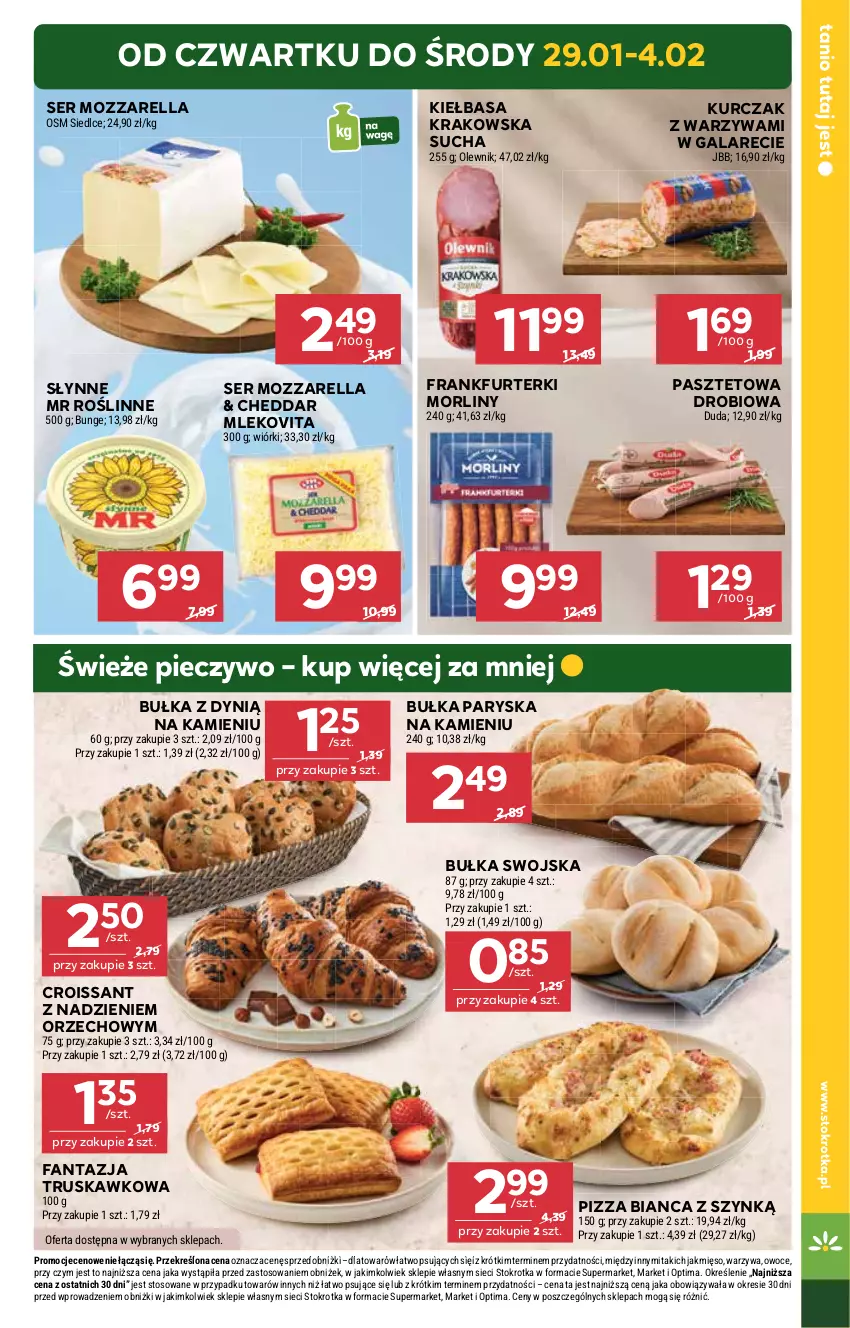 Gazetka promocyjna Stokrotka - Market - ważna 29.01 do 04.02.2026 - strona 5 - produkty: Bułka, Cheddar, Croissant, Duda, Dynią, Fa, Fanta, Frankfurterki, Gala, Kiełbasa, Kiełbasa krakowska, Kurczak, Mięso, Mleko, Mlekovita, Morliny, Mozzarella, Olewnik, Optima, Owoce, Pasztet, Piec, Pieczywo, Pizza, Ser, Słynne, Słynne MR Roślinne, Warzywa