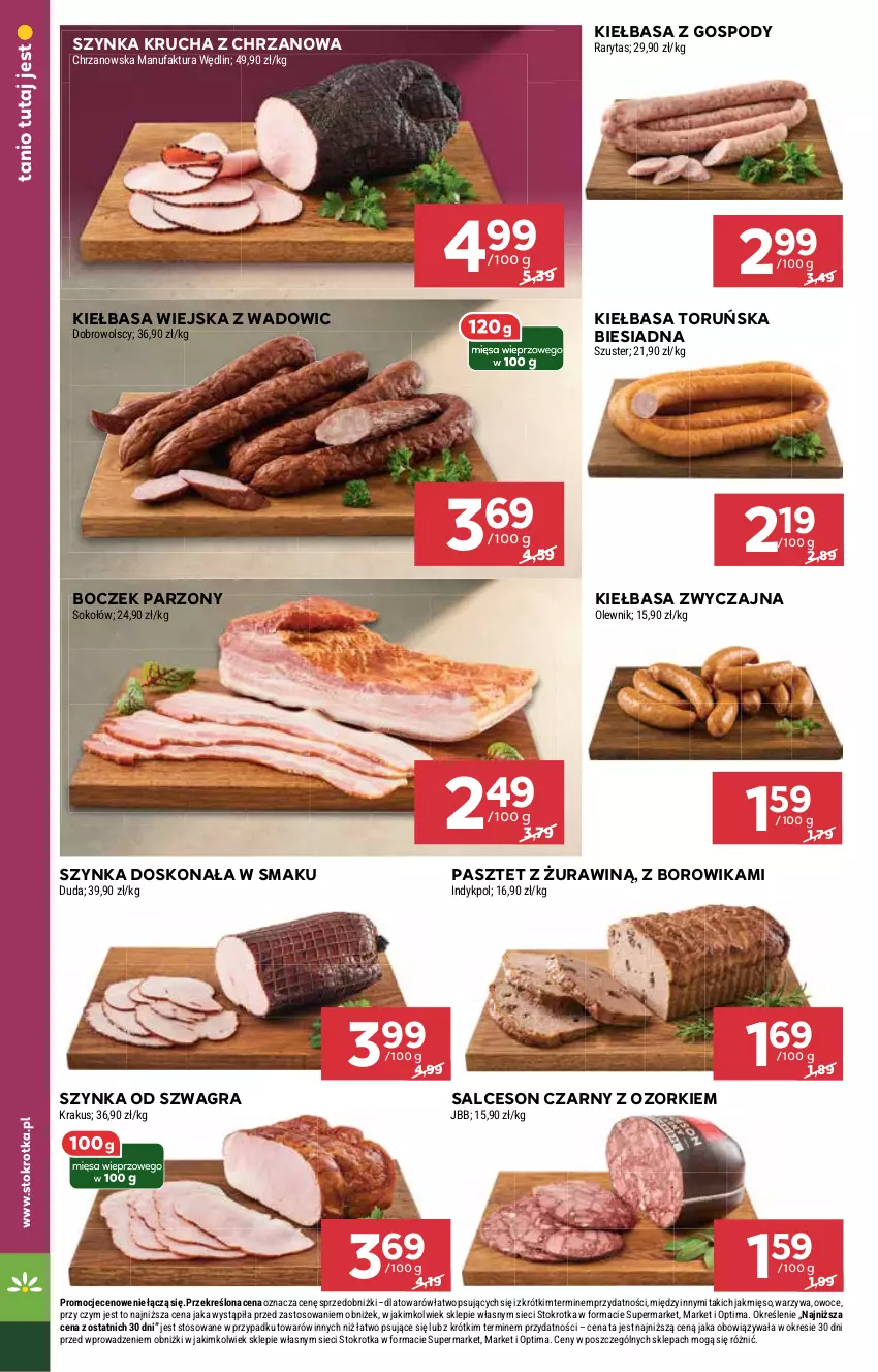 Gazetka promocyjna Stokrotka - Market - ważna 29.01 do 04.02.2026 - strona 6 - produkty: Boczek, Chrzan, Duda, Fa, Gra, Kiełbasa, Kiełbasa wiejska, Krakus, Mięso, Olewnik, Optima, Owoce, Pasztet, Salceson, Sok, Sokołów, Szynka, Warzywa