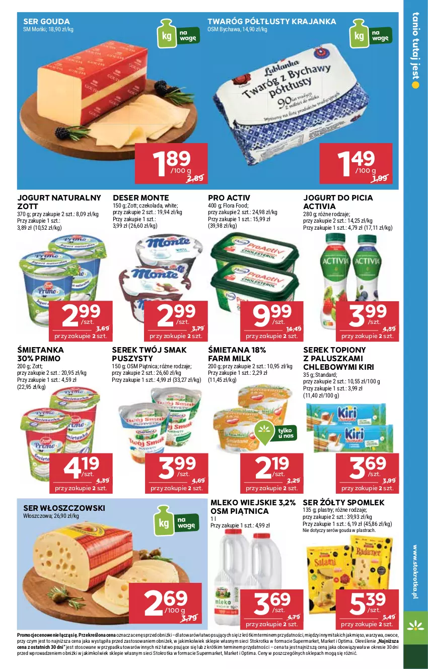Gazetka promocyjna Stokrotka - Market - ważna 29.01 do 04.02.2026 - strona 9 - produkty: Activia, Chleb, Czekolada, Deser, Fa, Farm Milk, Flora, Gouda, Jogurt, Jogurt naturalny, Mięso, Mleko, Monte, Optima, Owoce, Piątnica, Ser, Serek, Top, Twaróg, Twaróg półtłusty, Twój Smak, Warzywa, Włoszczowski, Zott