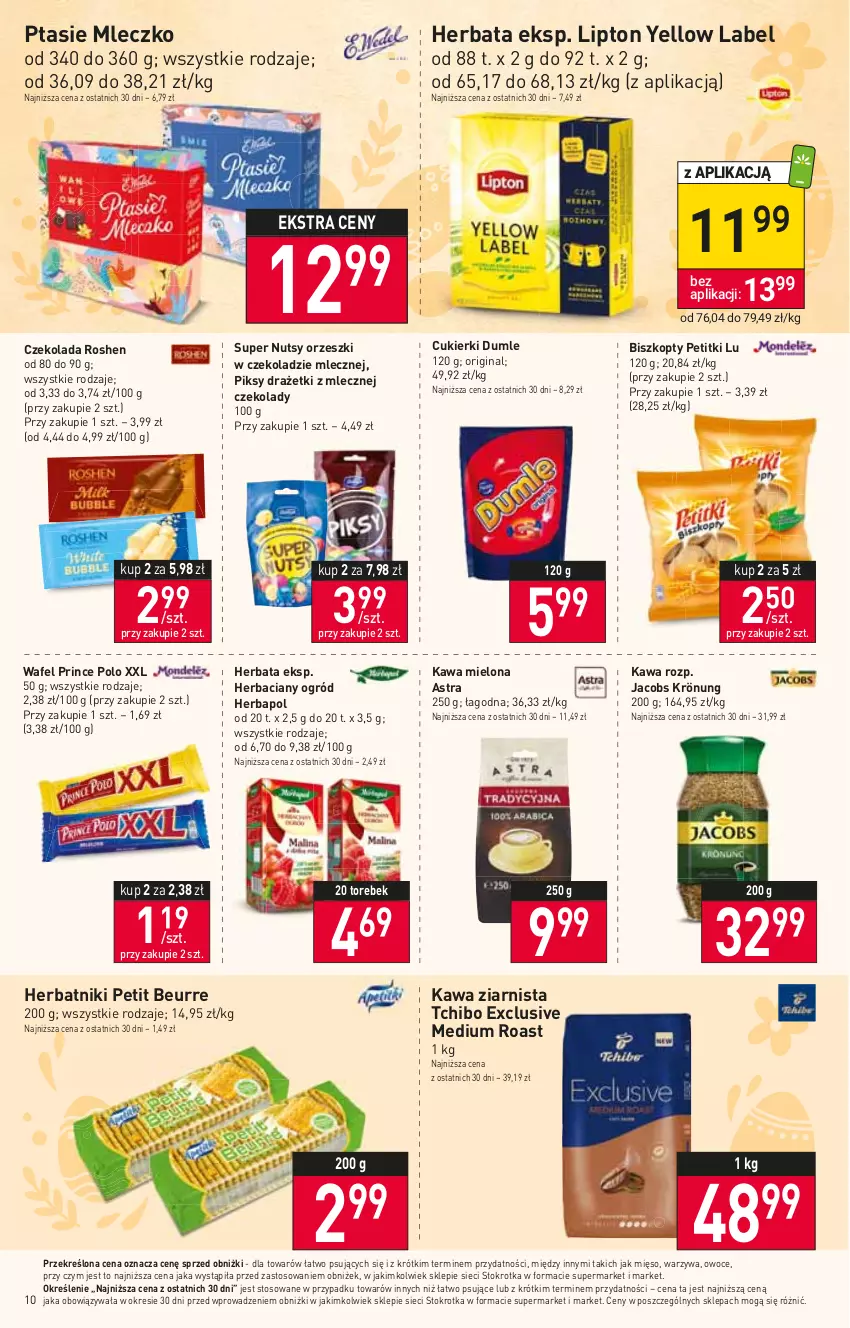 Gazetka promocyjna Stokrotka - Supermarket - ważna 06.04 do 12.04.2023 - strona 10 - produkty: Biszkopty, Cukier, Cukierki, Czekolada, Gin, Herbapol, Herbata, Herbatniki, Herbatniki Petit Beurre, Jacobs, Jacobs Krönung, Kawa, Kawa mielona, Kawa ziarnista, Lipton, Mięso, Mleczko, Ogród, Orzeszki, Owoce, Prince Polo, Ptasie mleczko, Tchibo, Warzywa