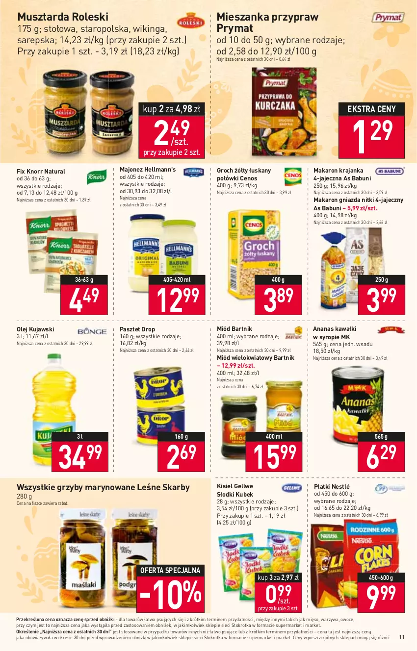 Gazetka promocyjna Stokrotka - Supermarket - ważna 06.04 do 12.04.2023 - strona 11 - produkty: Ananas, Babuni, Cenos, Groch, Grzyby, Grzyby marynowane, Kawa, Kisiel, Knorr, Kubek, Kujawski, Majonez, Makaron, Mięso, Miód, Mus, Musztarda, Nestlé, Olej, Owoce, Pasztet, Prymat, Syrop, Warzywa