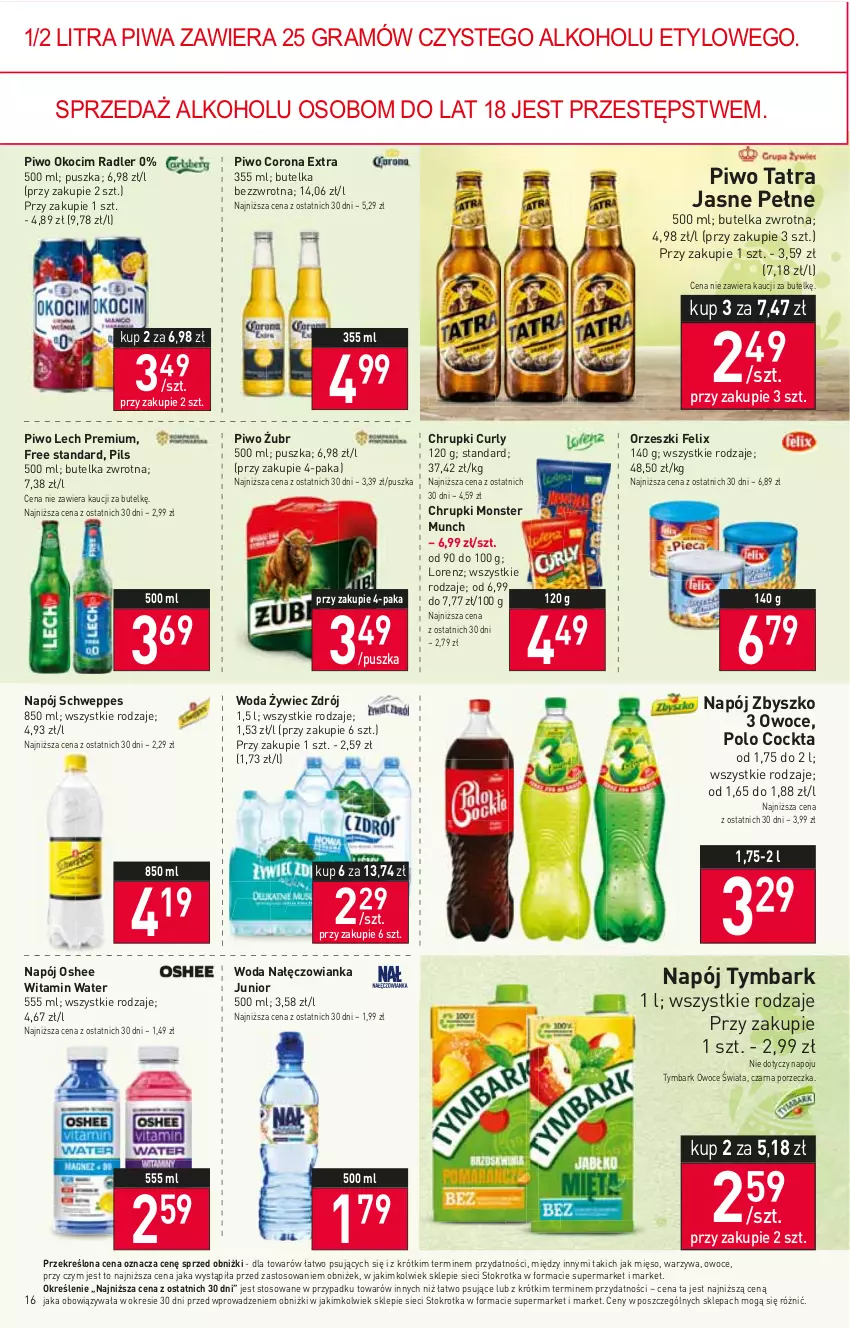 Gazetka promocyjna Stokrotka - Supermarket - ważna 06.04 do 12.04.2023 - strona 16 - produkty: Chrupki, Corona Extra, Felix, Gra, Koc, Lech Premium, Lorenz, Mięso, Monster Munch, Nałęczowianka, Napój, Okocim, Orzeszki, Oshee, Owoce, Piwa, Piwo, Por, Radler, Schweppes, Tatra, Tymbark, Warzywa, Woda