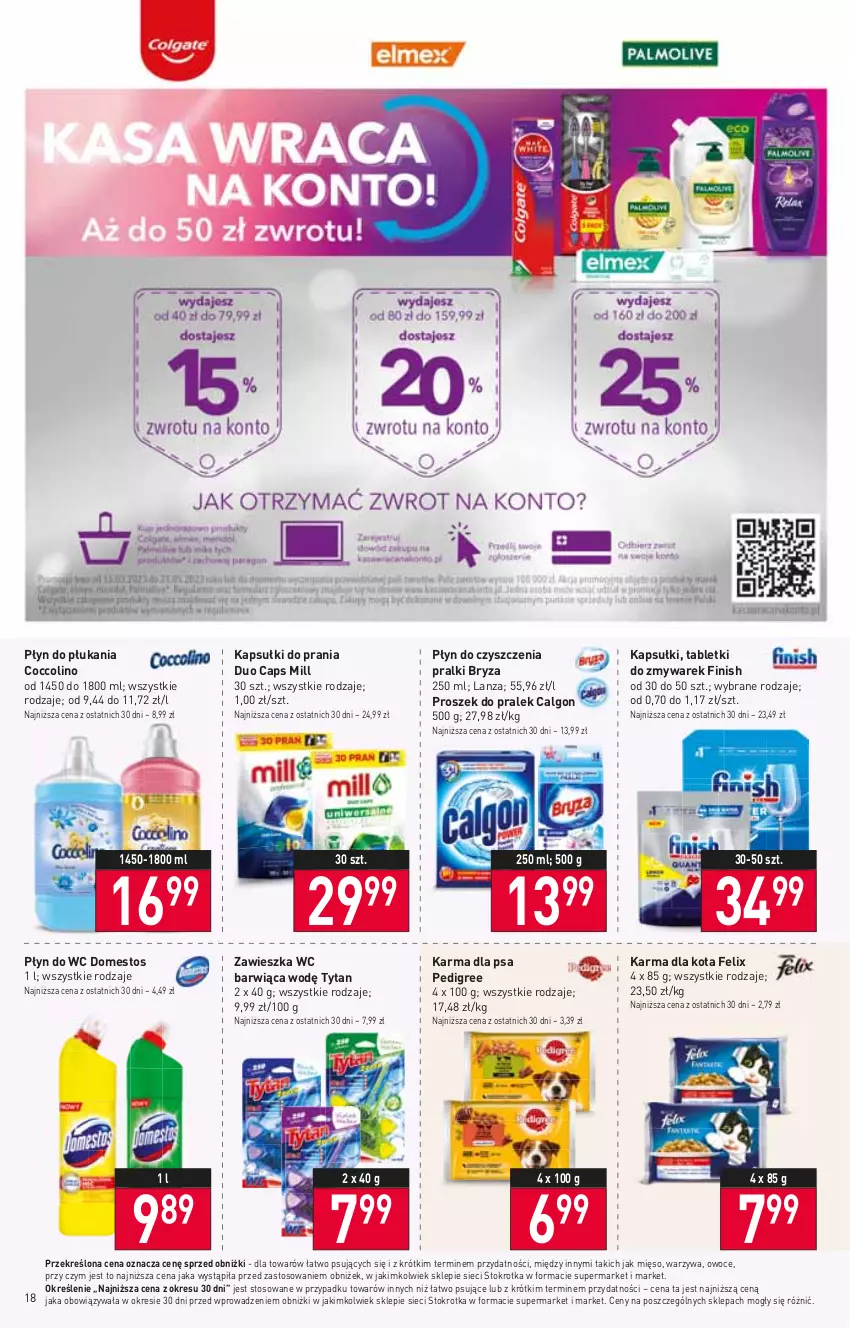 Gazetka promocyjna Stokrotka - Supermarket - ważna 06.04 do 12.04.2023 - strona 18 - produkty: Bryza, Calgon, Coccolino, Domestos, Felix, Finish, Kapsułki do prania, LG, Mięso, Owoce, Pedigree, Płyn do płukania, Płyn do wc, Pralki, Tablet, Tytan, Warzywa