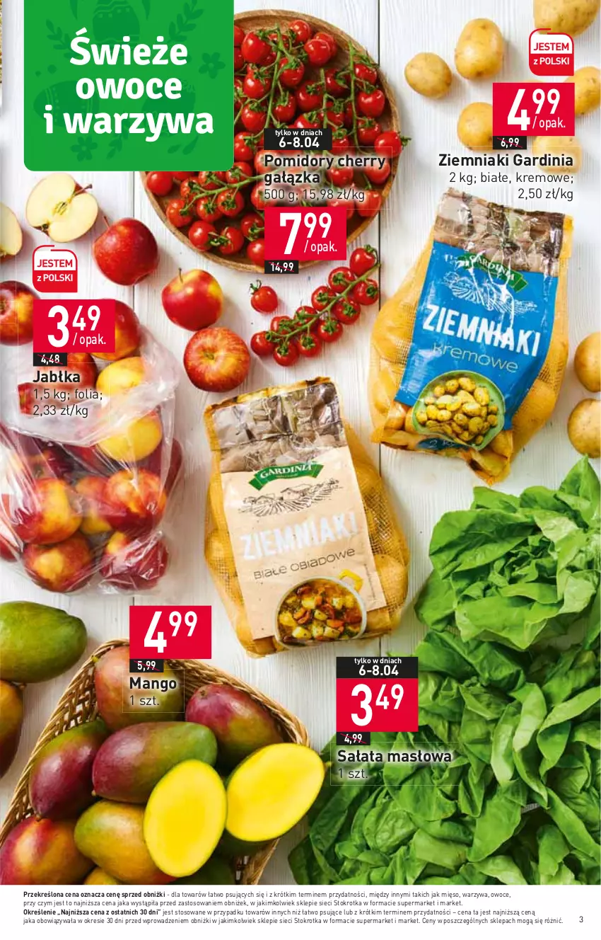 Gazetka promocyjna Stokrotka - Supermarket - ważna 06.04 do 12.04.2023 - strona 3 - produkty: Jabłka, Mango, Masło, Mięso, Owoce, Pomidory, Sałat, Sałata masłowa, Warzywa, Ziemniaki
