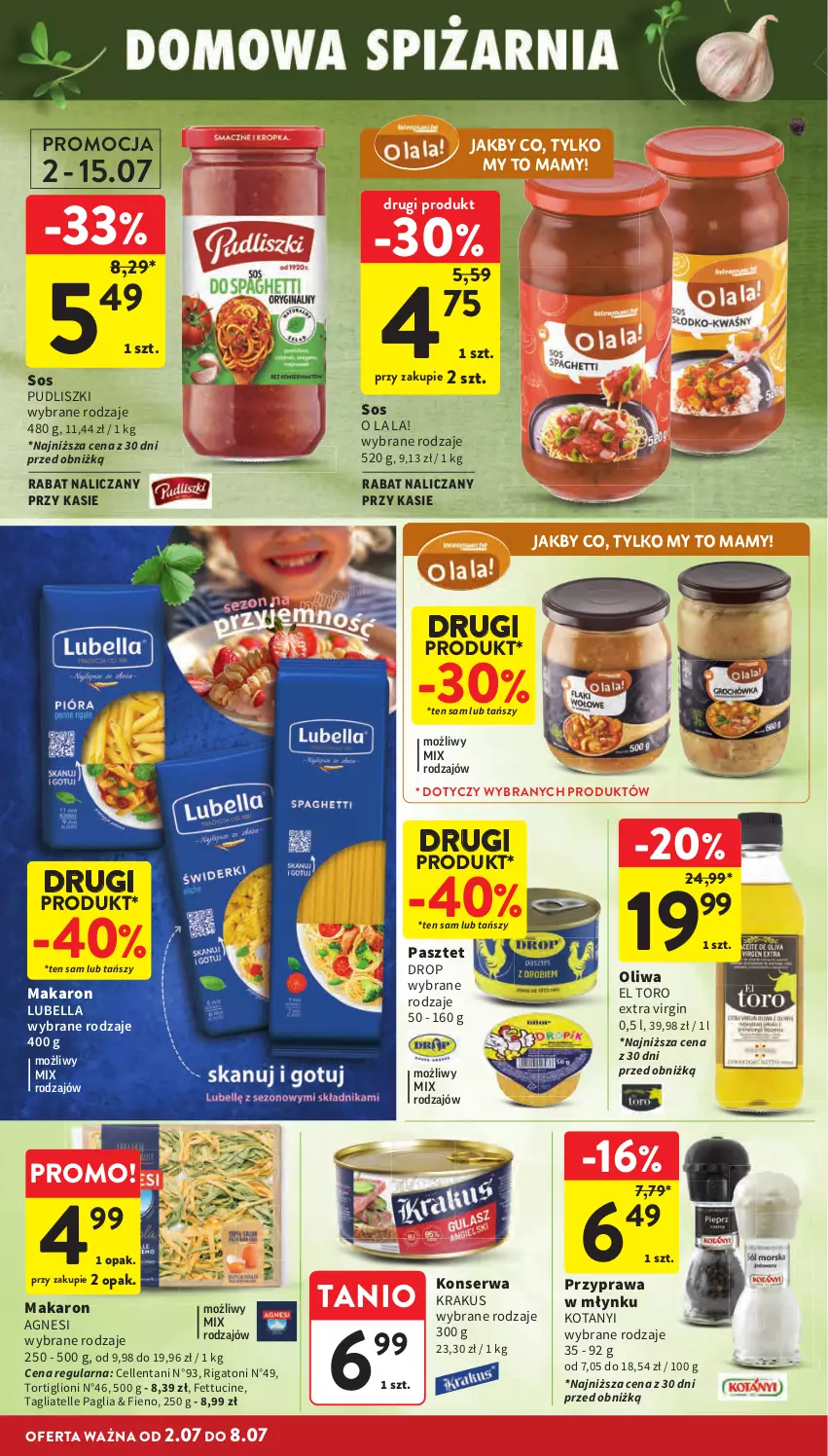 Gazetka promocyjna Intermarche - Gazetka promocyjna - ważna 02.06 do 08.07.2026 - strona 26 - produkty: Bell, Bella, Gin, Krakus, Lion, Lubella, Makaron, Oliwa, Pasztet, Pudliszki, Ser, Sos, Tagliatelle