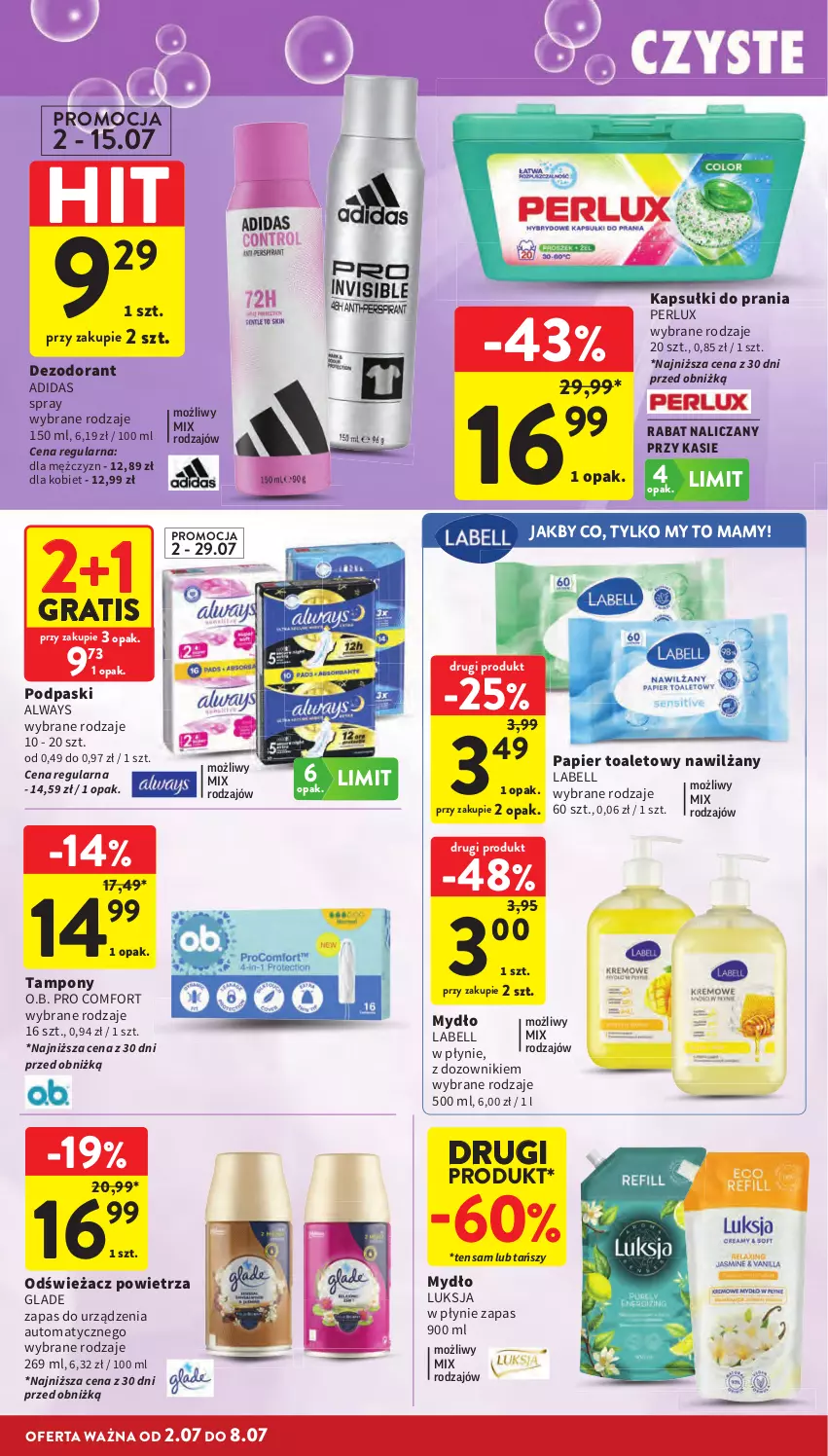 Gazetka promocyjna Intermarche - Gazetka promocyjna - ważna 02.06 do 08.07.2026 - strona 36 - produkty: Adidas, Always, Bell, Dezodorant, Dozownik, Gra, Kapsułki do prania, Luksja, Mydło, O.B., Odświeżacz powietrza, Papier, Papier toaletowy, Podpaski, Tampony