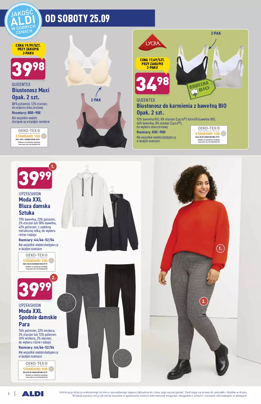 Gazetka promocyjna Aldi - OKAZJE DLA CIEBIE I DOMU - ważna 22.09 do 25.09.2021 - strona 8 - produkty: Biustonosz, Bluza, Fa, Karmi, Moda, Queentex, Spodnie, Wełna