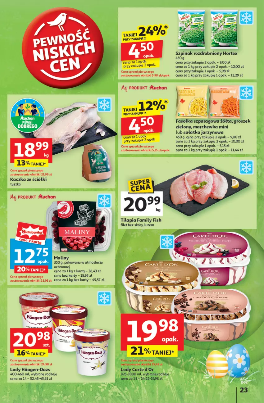 Gazetka promocyjna Auchan - WIELKA MOC Niskich Cen Hipermarket - ważna 10.04 do 19.04.2025 - strona 25 - produkty: Carte d'Or, Fa, Groszek, Hortex, Kaczka, Lody, Maliny, Marchewka, Sałat, Sałatka, Szpinak, Tilapia, Tusz