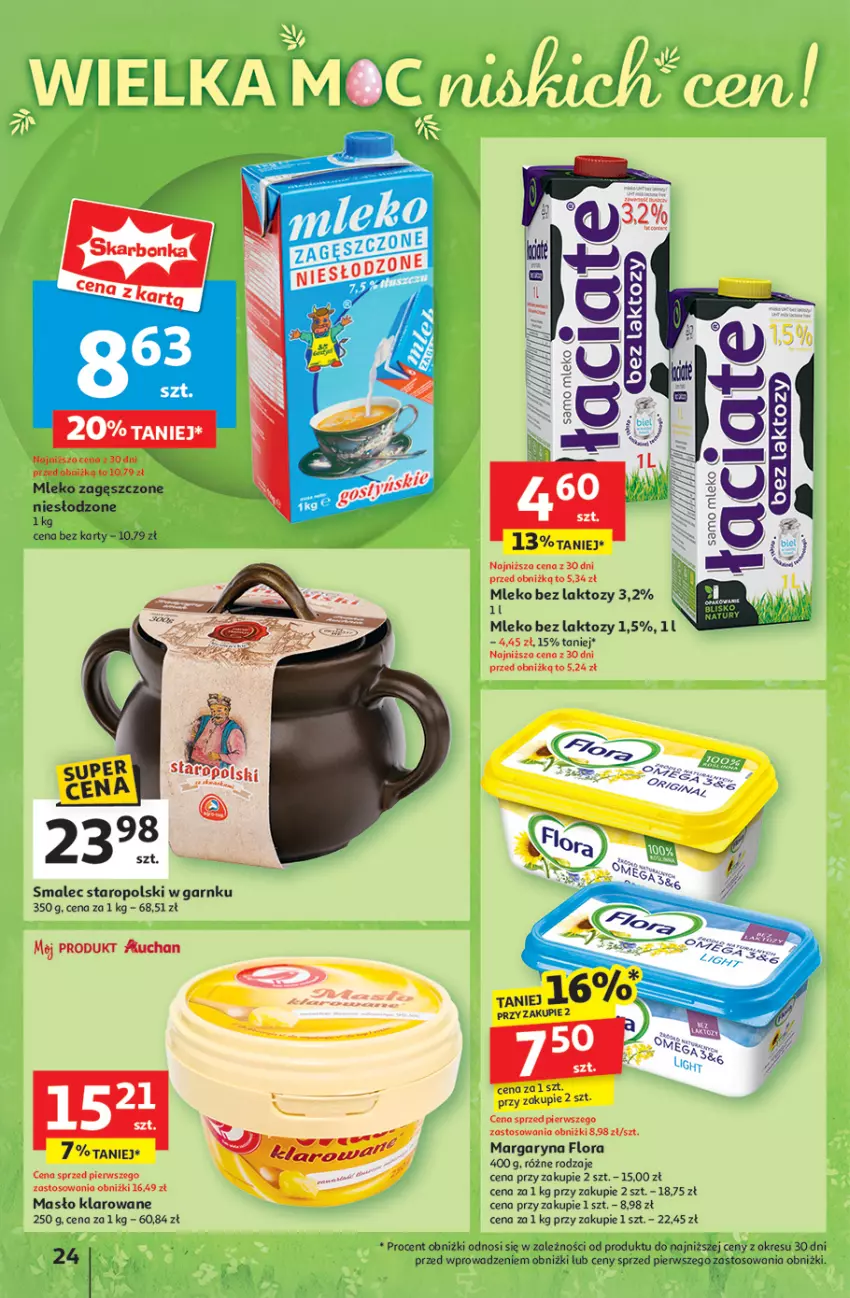 Gazetka promocyjna Auchan - WIELKA MOC Niskich Cen Hipermarket - ważna 10.04 do 19.04.2025 - strona 26 - produkty: Flora, Margaryna, Masło, Masło klarowane, Mleko, Mleko bez laktozy, Mleko zagęszczone, Smalec