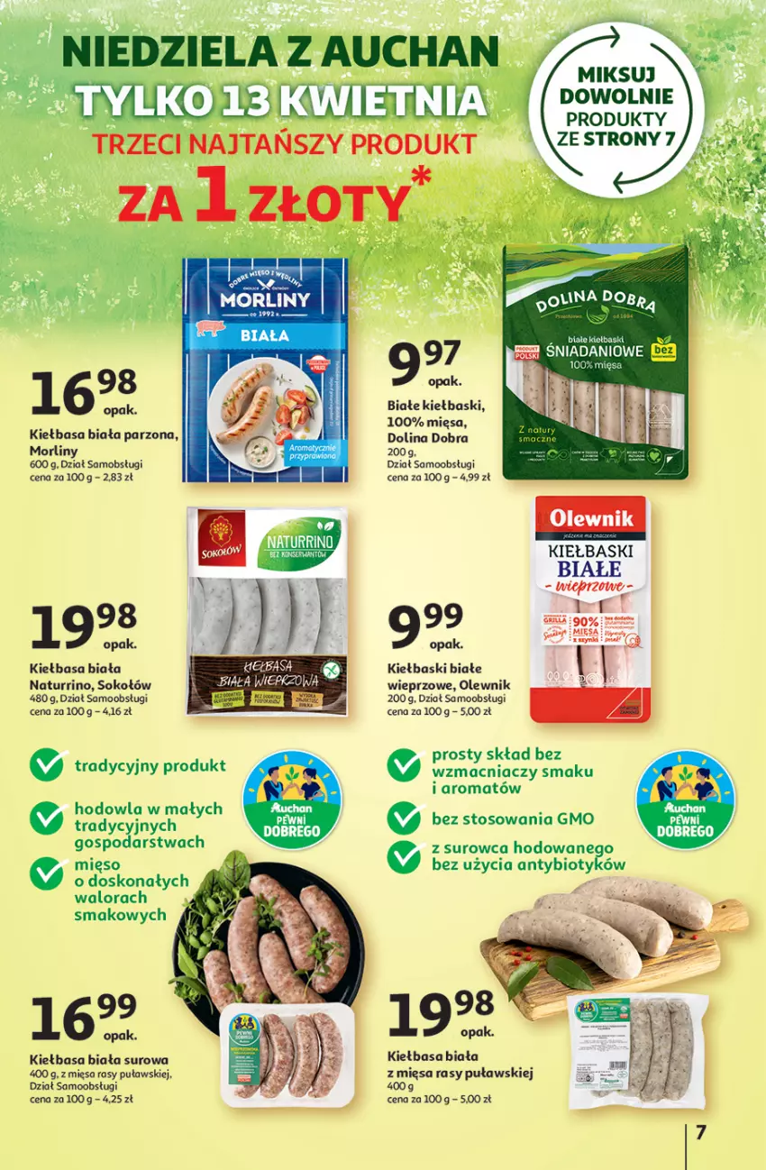 Gazetka promocyjna Auchan - WIELKA MOC Niskich Cen Hipermarket - ważna 10.04 do 19.04.2025 - strona 9 - produkty: Danio, Grill, Kiełbasa, Kiełbasa biała, Kiełbaski białe, Mięso, Morliny, Olewnik, Sok, Sokołów