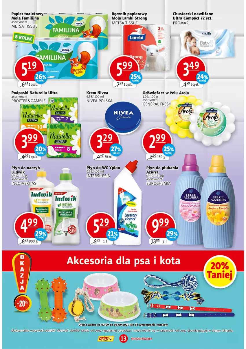 Gazetka promocyjna Prim Market - Gazetka - ważna 02.09 do 08.09.2021 - strona 13 - produkty: Chusteczki, Fa, Ludwik, Mola, Naturell, Naturella, Nivea, Papier, Papier toaletowy, Płyn do płukania, Płyn do wc, Podpaski, Ręcznik, Sok