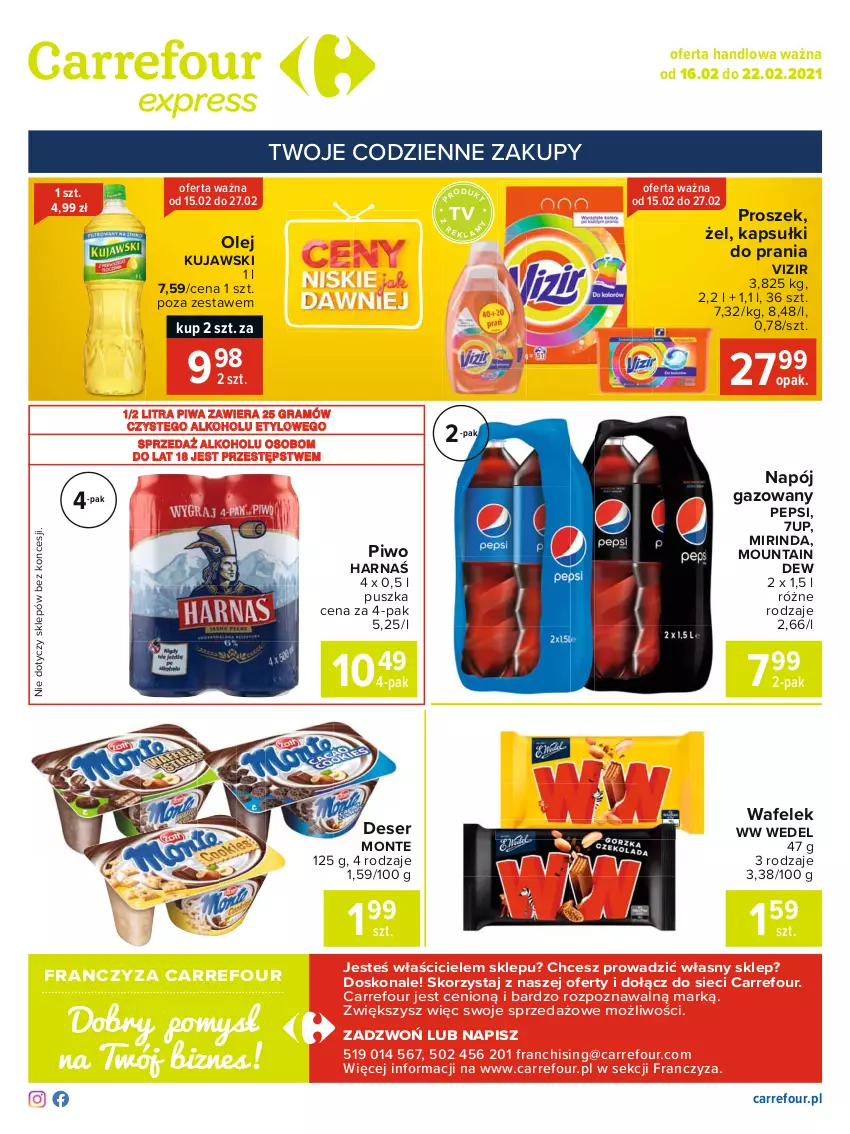 Gazetka promocyjna Carrefour - Gazetka Express - ważna 15.02 do 22.02.2021 - strona 2 - produkty: 7up, Deser, Gra, Harnaś, Kapsułki do prania, Kujawski, Mirinda, Monte, Napój, Napój gazowany, Olej, Pepsi, Piwa, Piwo, Ser, Vizir, Wafelek