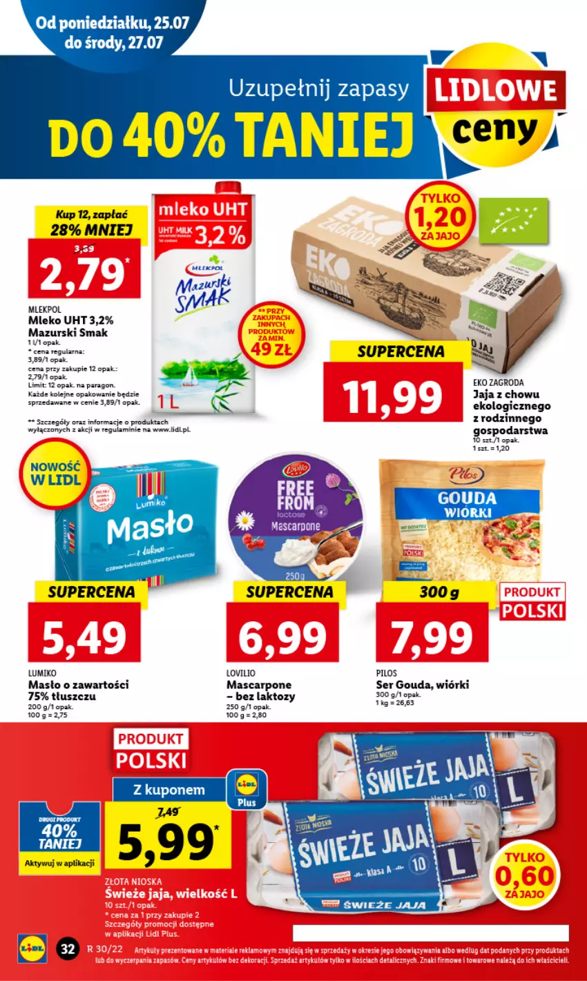 Gazetka promocyjna Lidl - GAZETKA - ważna 25.07 do 27.07.2022 - strona 36 - produkty: Gouda, Jaja, Mascarpone, Masło, Mleko, Olej, Ser