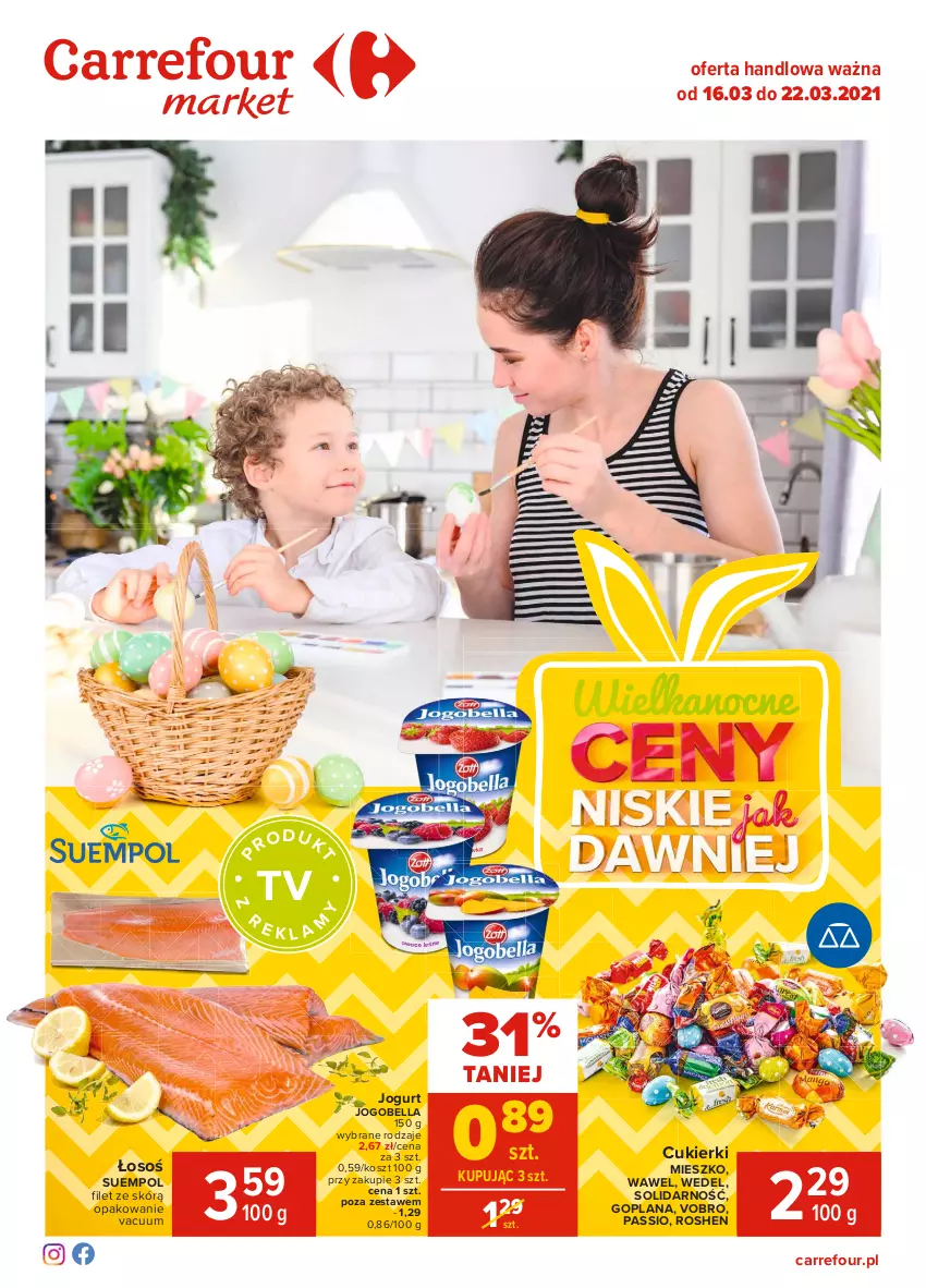 Gazetka promocyjna Carrefour - Gazetka Market - ważna 15.03 do 22.03.2021 - strona 1 - produkty: Bell, Bella, Cukier, Cukierki, Goplana, Jogobella, Jogurt, Kosz, LANA, Suempol, Wawel