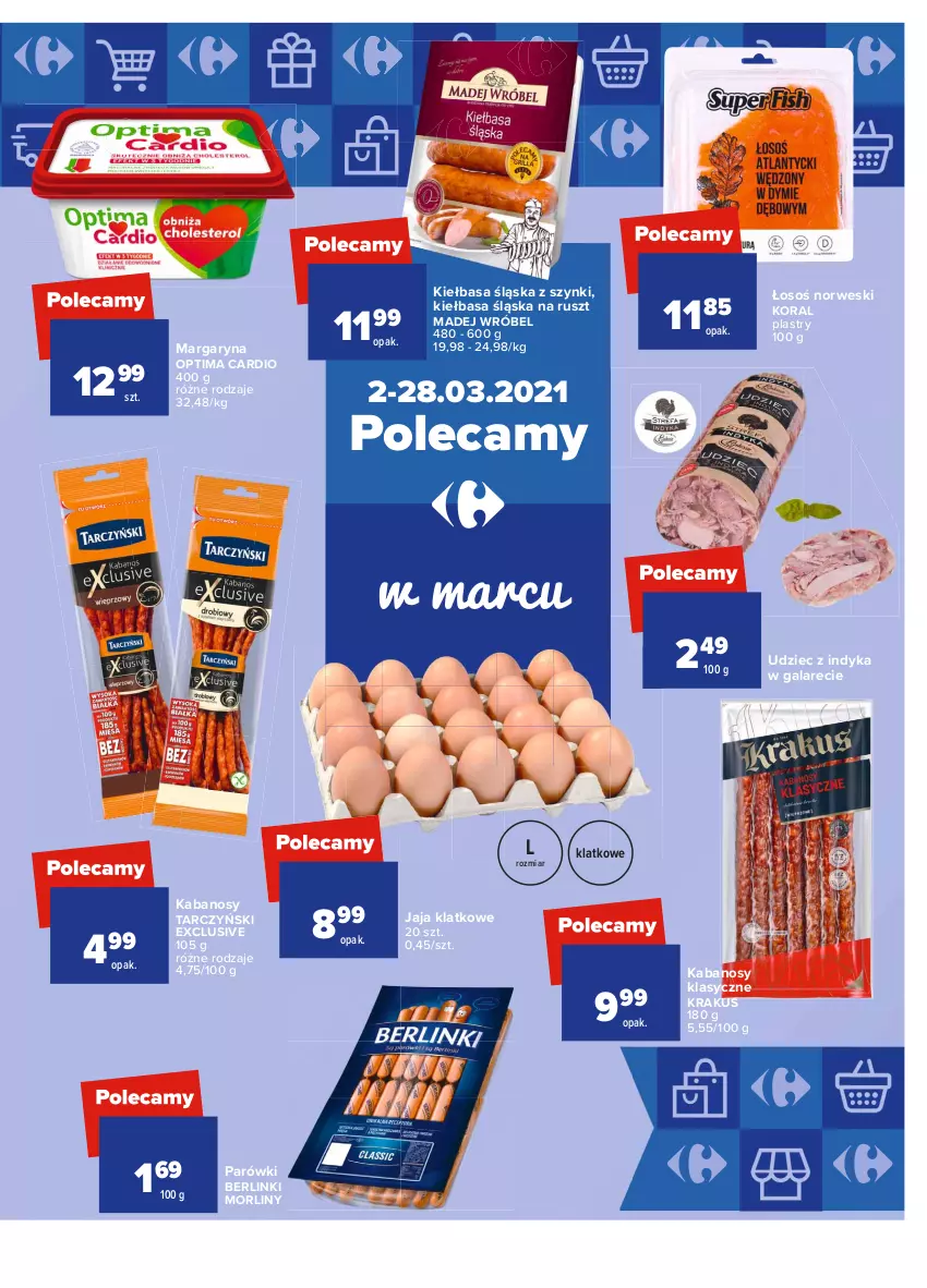 Gazetka promocyjna Carrefour - Gazetka Market - ważna 15.03 do 22.03.2021 - strona 23 - produkty: Berlinki, Gala, Jaja, Kabanos, Kiełbasa, Kiełbasa śląska, Krakus, Madej Wróbel, Margaryna, Morliny, Optima, Optima Cardio, Parówki, Tarczyński, Udziec z indyka, Udziec z indyka w galarecie