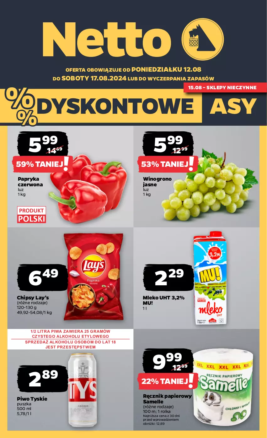 Gazetka promocyjna Netto - Od Poniedziałku - ważna 12.08 do 17.08.2024 - strona 1 - produkty: Chipsy, Gra, Lay’s, Mleko, Papier, Papryka, Papryka czerwona, Piwa, Piwo, Ręcznik, Tyskie, Wino