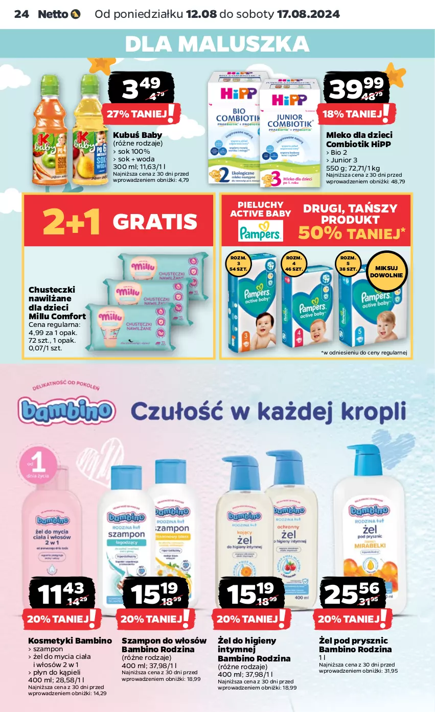 Gazetka promocyjna Netto - Od Poniedziałku - ważna 12.08 do 17.08.2024 - strona 24 - produkty: Chusteczki, Dzieci, Gra, HiPP, Kubuś, Mleko, Mleko dla dzieci, Pieluchy, Płyn do kąpieli, Sok, Szampon, Woda