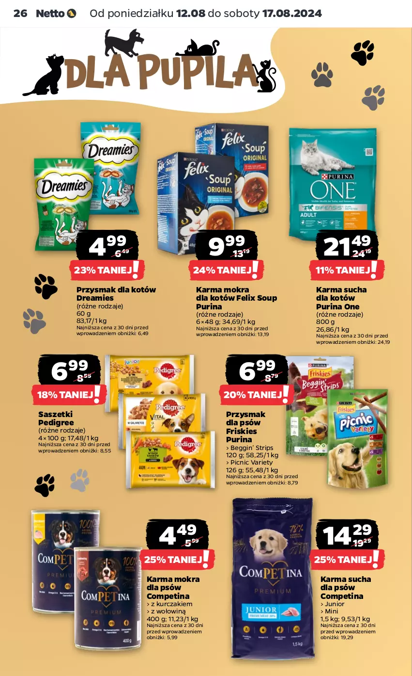 Gazetka promocyjna Netto - Od Poniedziałku - ważna 12.08 do 17.08.2024 - strona 26 - produkty: Felix, Friskies, Gin, Karma mokra dla kotów, Kurczak, Pedigree, Pur, Purina