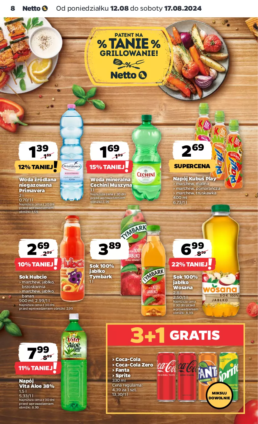 Gazetka promocyjna Netto - Od Poniedziałku - ważna 12.08 do 17.08.2024 - strona 8 - produkty: Coca-Cola, Fa, Fanta, Gra, Grill, Kubuś, LANA, Mus, Napój, Prima, Primavera, Sok, Sprite, Szyna, Tymbark, Woda, Woda mineralna, Wosana