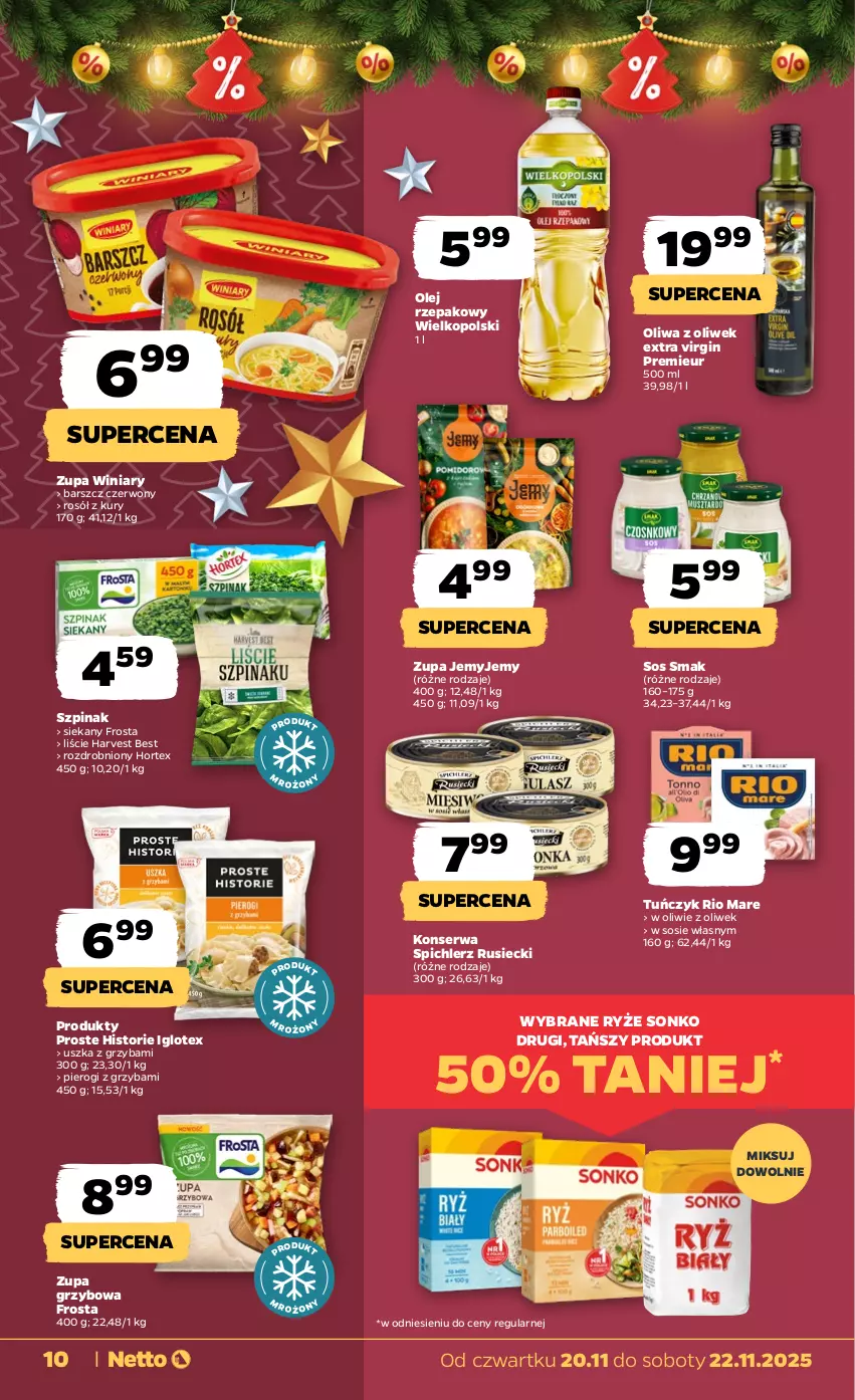 Gazetka promocyjna Netto - Od Czwartku - ważna 20.11 do 22.11.2025 - strona 10 - produkty: Frosta, Gin, Hortex, Olej, Olej rzepakowy, Oliwa, Oliwa z oliwek, Pierogi, Rio Mare, Rosół, Ryż, Ser, Sonko, Sos, Spichlerz Rusiecki, Szpinak, Tuńczyk, Winiary, Zupa