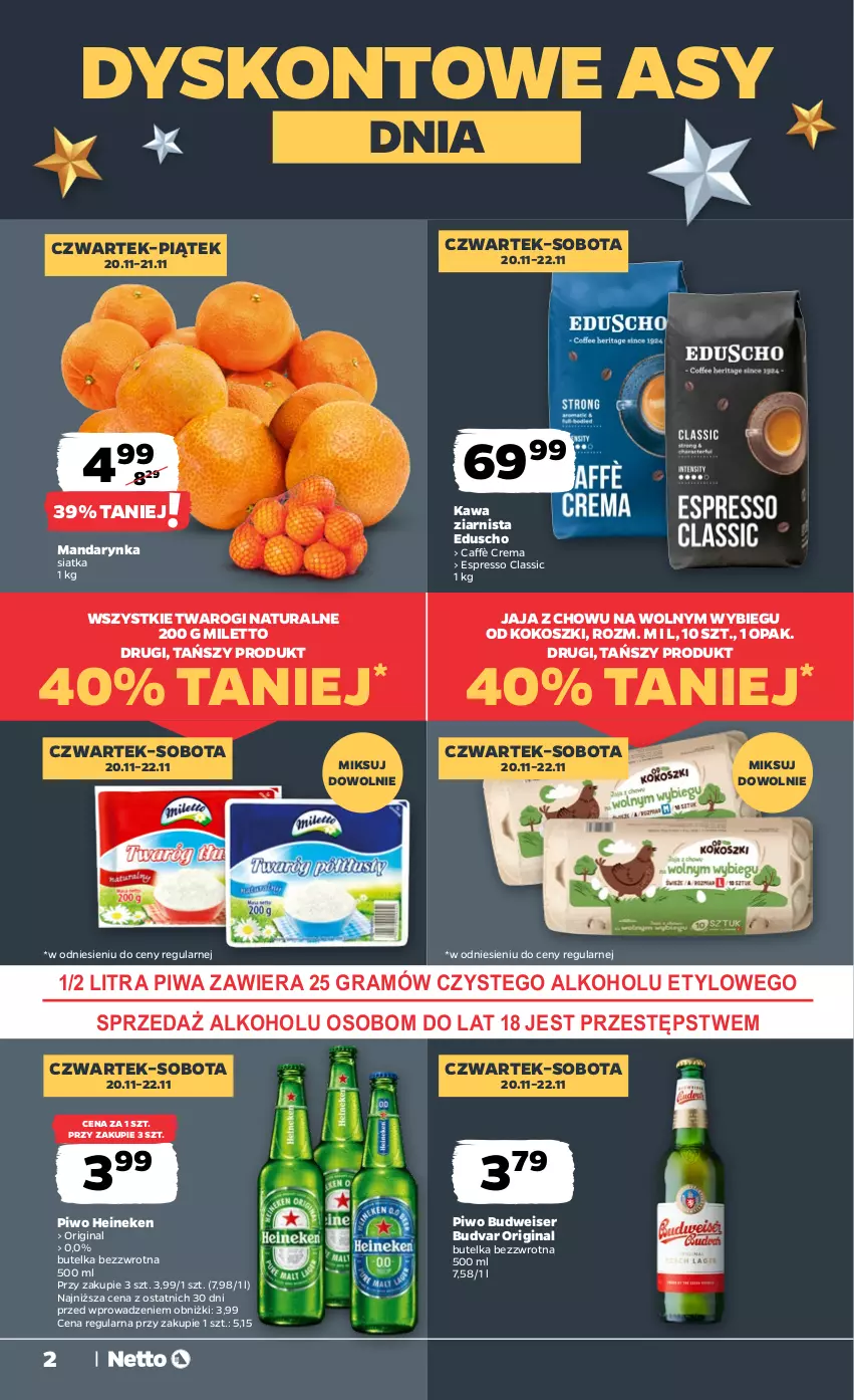 Gazetka promocyjna Netto - Od Czwartku - ważna 20.11 do 22.11.2025 - strona 2 - produkty: Gin, Gra, Heineken, Jaja, Kawa, Kawa ziarnista, Kokos, Kosz, Piwa, Piwo, Ser, Siatka