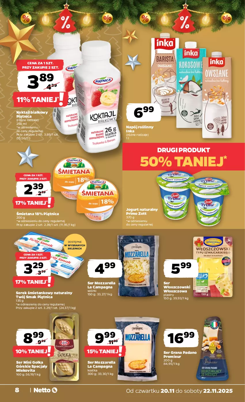 Gazetka promocyjna Netto - Od Czwartku - ważna 20.11 do 22.11.2025 - strona 8 - produkty: Gra, Inka, Jogurt, Jogurt naturalny, Mleko, Mlekovita, Mozzarella, Napój, Napój roślinny, Piątnica, Ser, Serek, Twój Smak, Włoszczowski, Zott