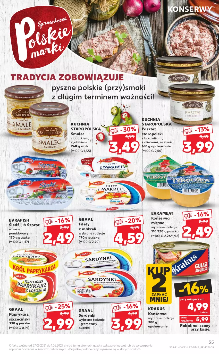 Gazetka promocyjna Kaufland - OFERTA TYGODNIA - ważna 27.05 do 01.06.2021 - strona 35 - produkty: Gra, Graal, Krakus, Kuchnia, Kuchnia Staropolska, Papryka, Paprykarz, Paprykarz szczeciński, Pasztet, Rama, Sardynki, Ser, Smalec, Sos, Szprot, Szprot w sosie