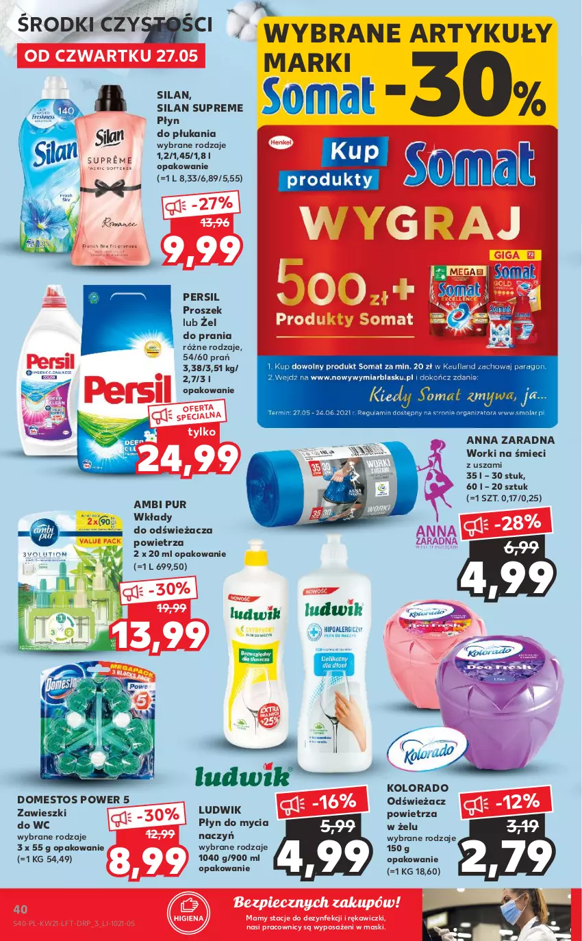 Gazetka promocyjna Kaufland - OFERTA TYGODNIA - ważna 27.05 do 01.06.2021 - strona 40 - produkty: Ambi Pur, Do mycia naczyń, Domestos, Kolorado, Ludwik, Odświeżacz powietrza, Persil, Piec, Płyn do mycia, Płyn do mycia naczyń, Płyn do płukania, Pur, Silan, Worki na śmiec, Worki na śmieci, Zawieszki